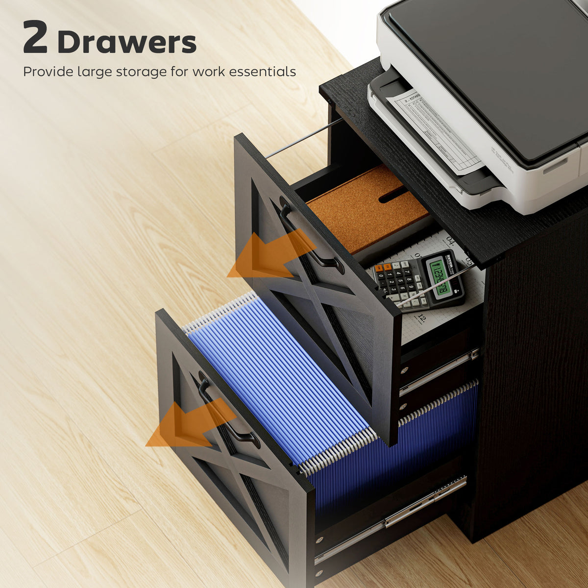 Vertical Storage Drawers Farmhouse X Pattern Printer Stand Fits Letter Files 2 Drawers Black