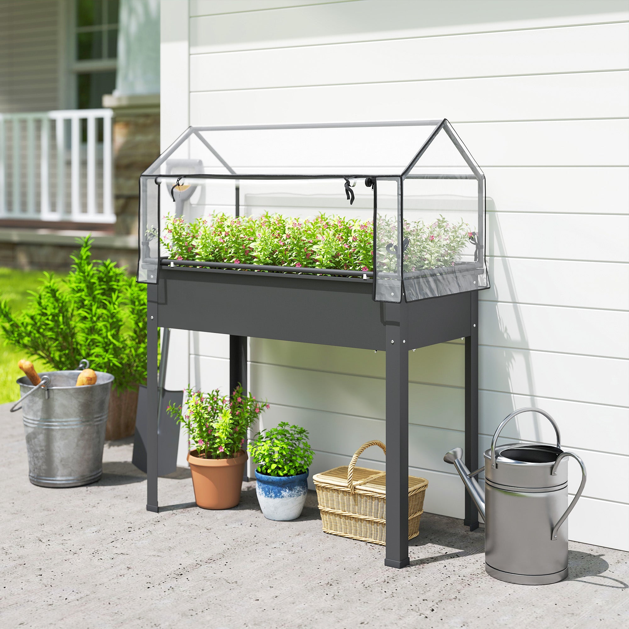 Elevated Garden Box with Greenhouse Cover, Raised Garden Bed with Legs and Drainage Hole for Vegetables, Dark Gray - Dark Gray - Image 2