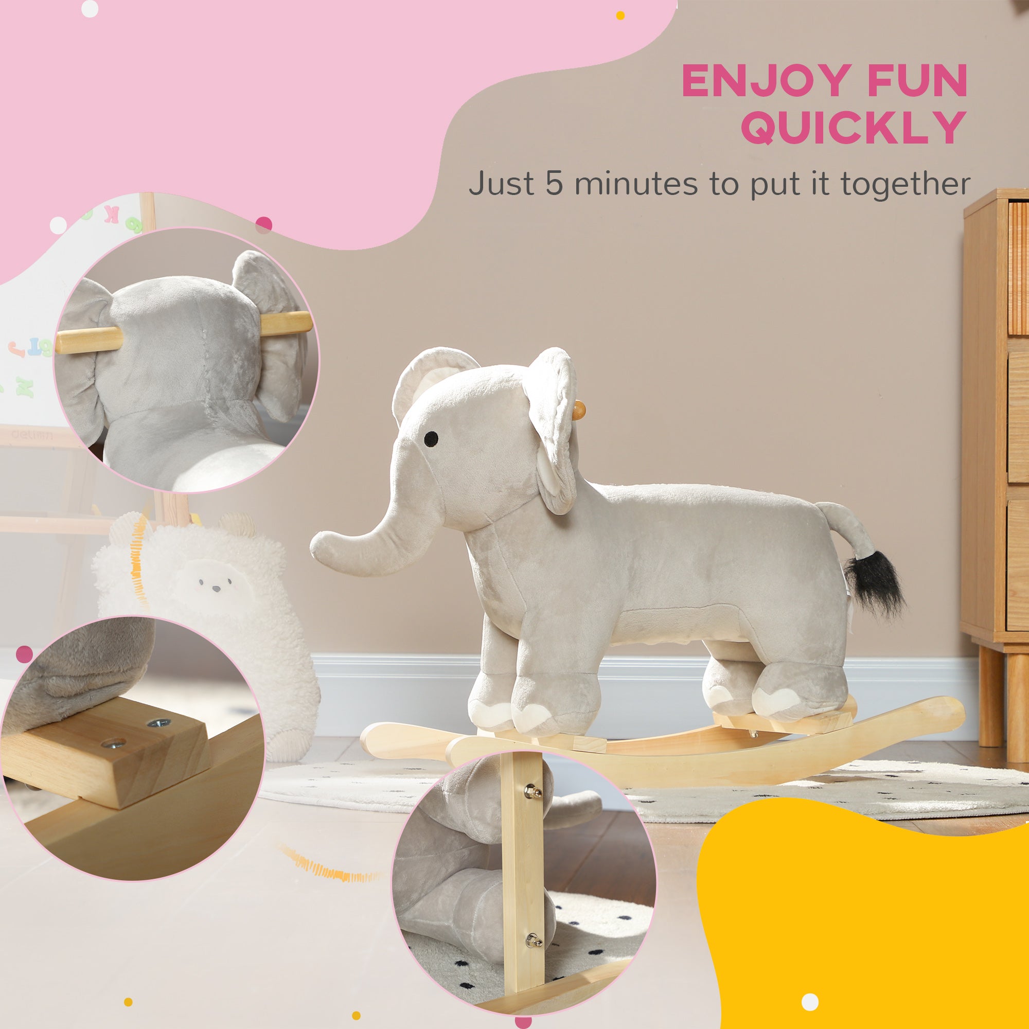 Kids Rocking Animal, Elephant Rocker with Realistic Sounds, Plush Ride on Toy for Years 2-4, Gray