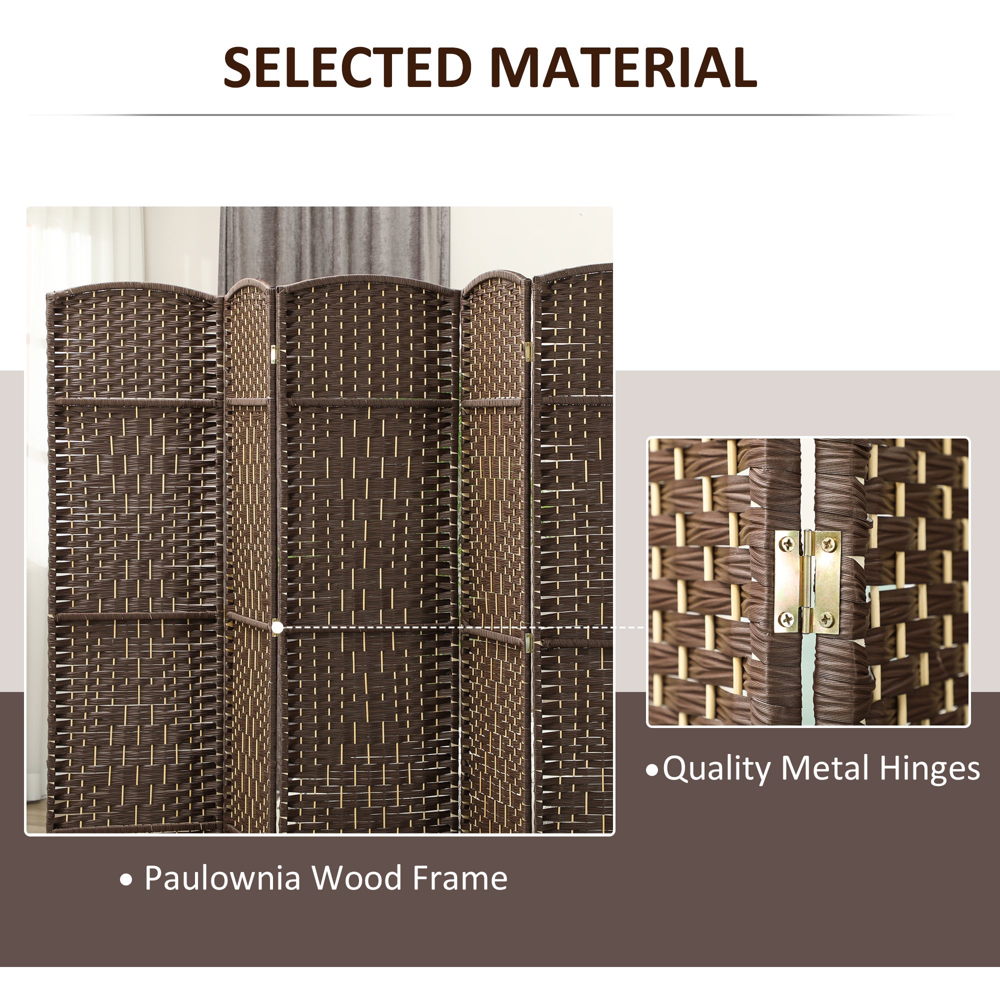 Folding Room Divider Screen 6 Panel 6' Tall Privacy Screen Freestanding Wood Partition for Home Office, Brown