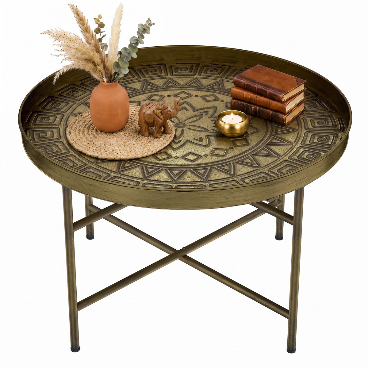 Coffee Table for Living Room, 24" Round Center Table with Hammered Tray Top and Metal Frame for Bedroom, Gold