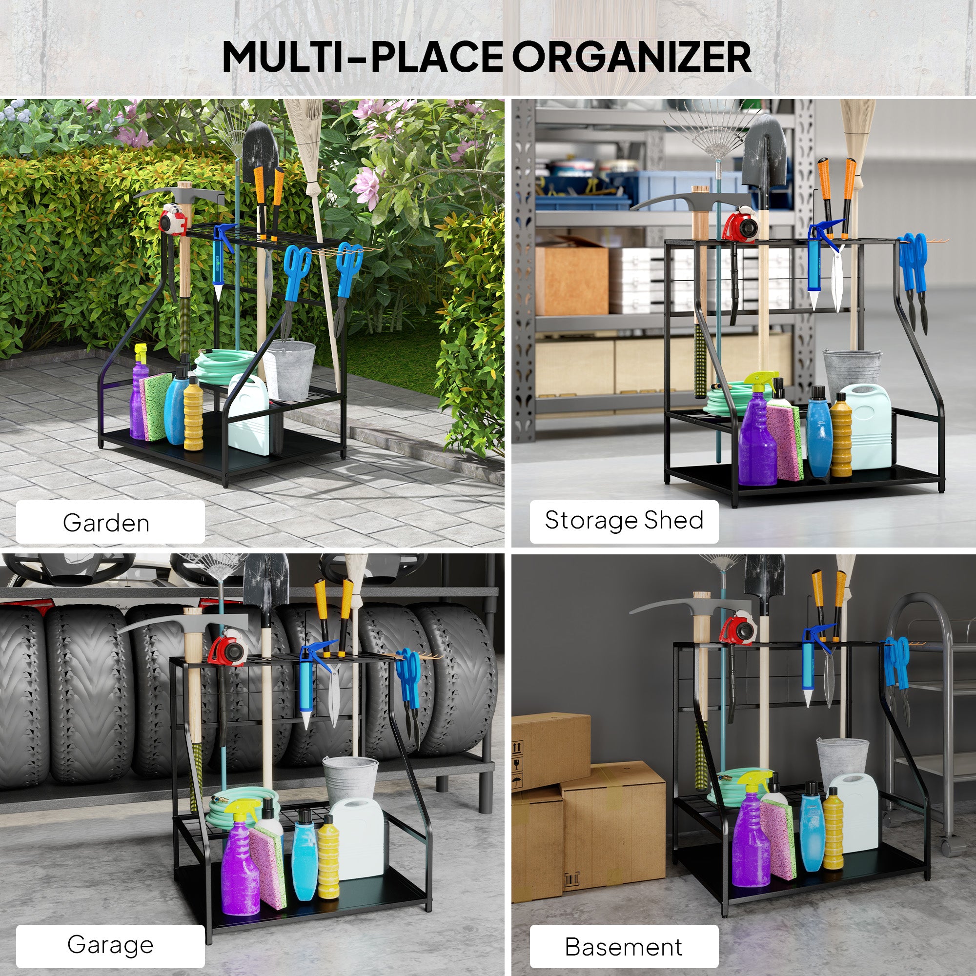 3-Tier Yard Tool Storage Rack, Garden Tool Organizer with Hooks for Long-Handled, Broom, Shovel, Orange - Orange - Image 7
