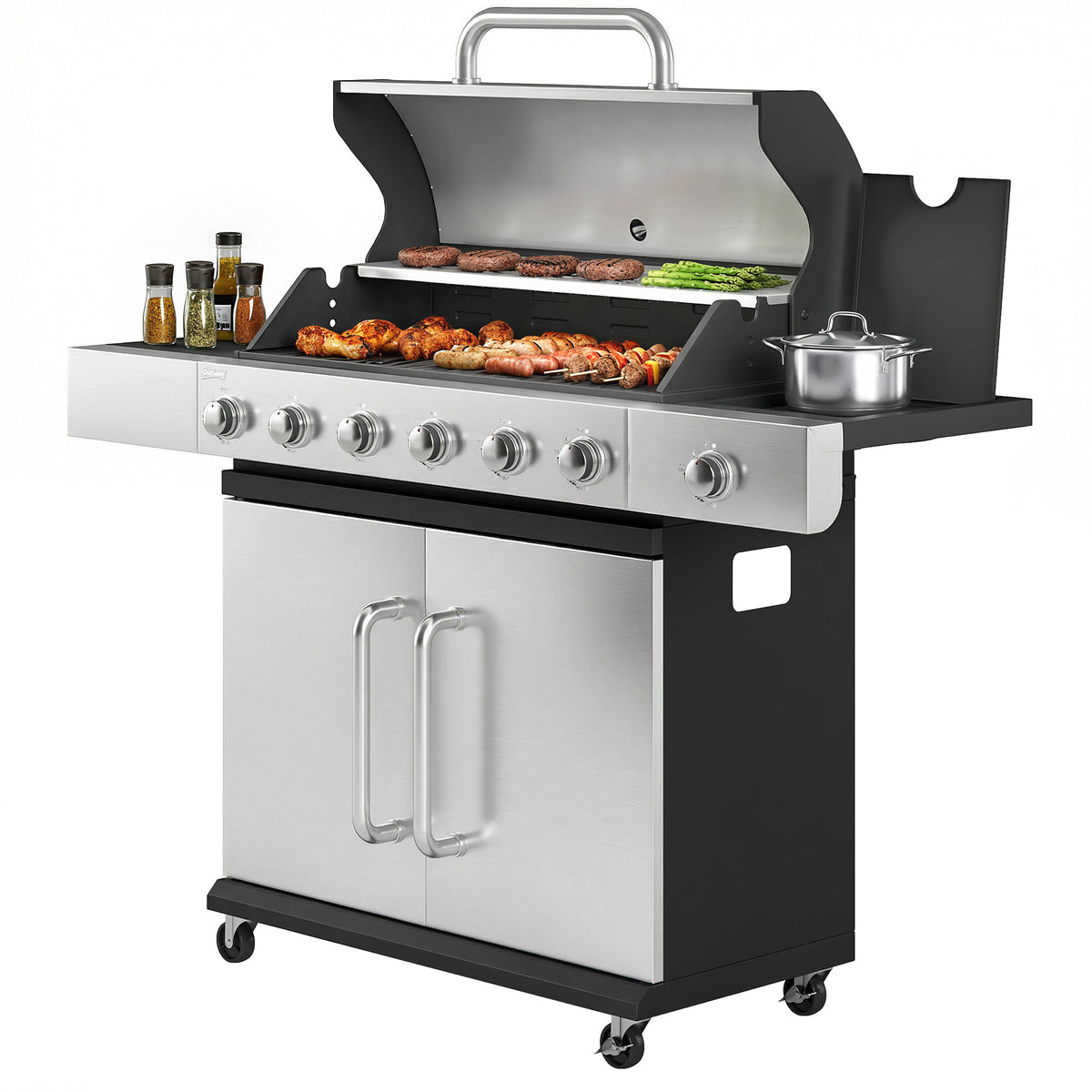 6 Burner Propane Gas Grill with Side Burner, Barbecue Grill with Cast Iron Grates, Wheels, Side Tables, Cabinet