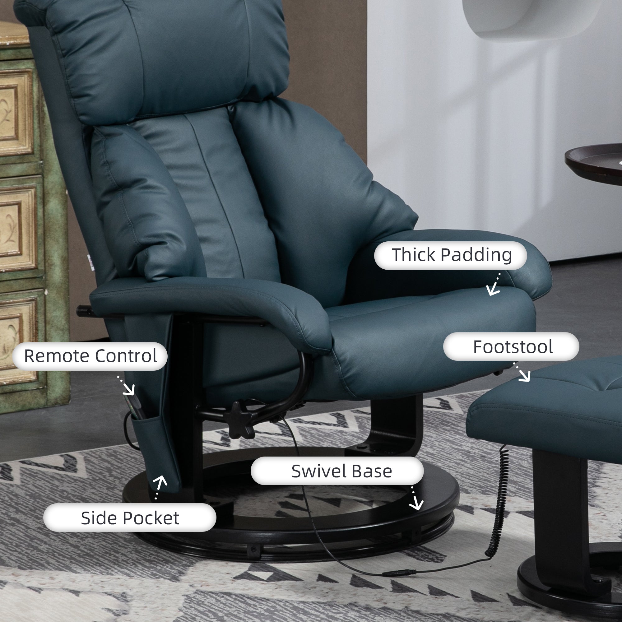 Swivel Recliner with Ottoman, Faux Leather Reclining Chair with Massage, Footstool Remote and Side Pocket, Blue