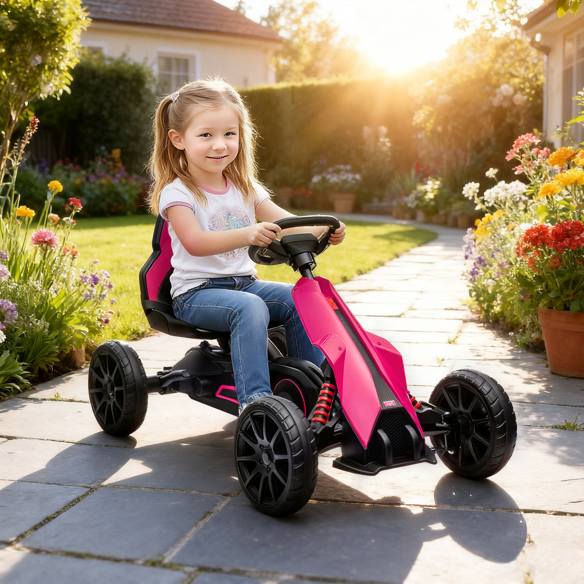 Kids Pedal Go Kart W/ Adjustable Seat, Swing Axle, Pink