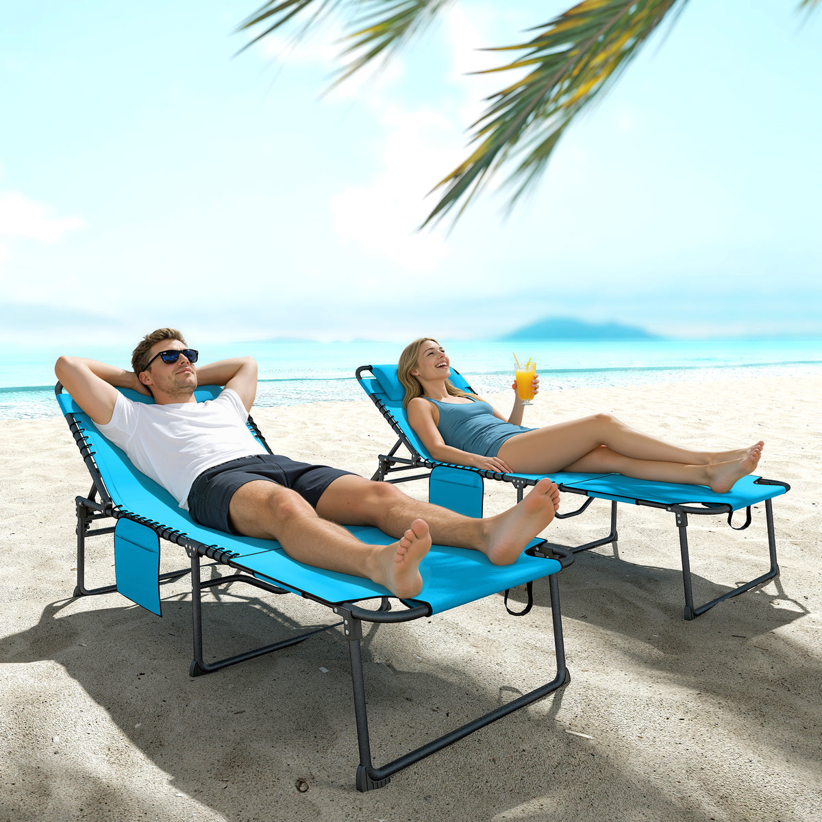 2 Piece Folding Chaise Lounge Pool Chairs with 5-level Reclining Back, Reading Hole, Side Pocket, Blue