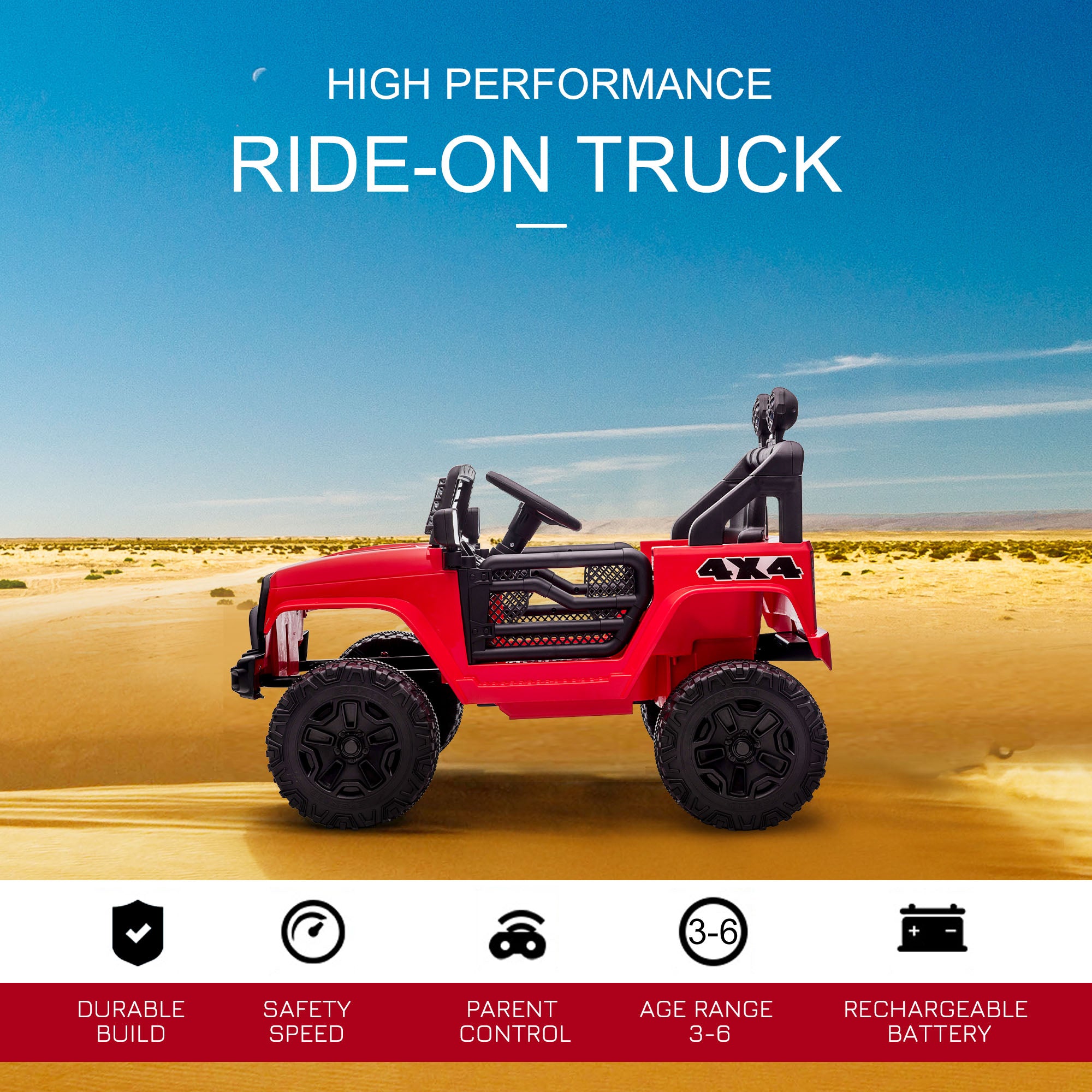 12V Kids Ride On Truck with Parent Remote Control, Battery Powered Electric Car with Spring Suspension, Adjustable Speed, LED Lights and Horn, Red