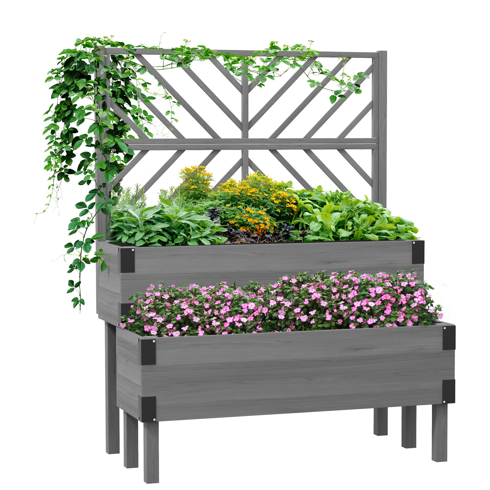 2 Tier Trellis Planter, Wooden Raised Garden Bed, Gray - Gray