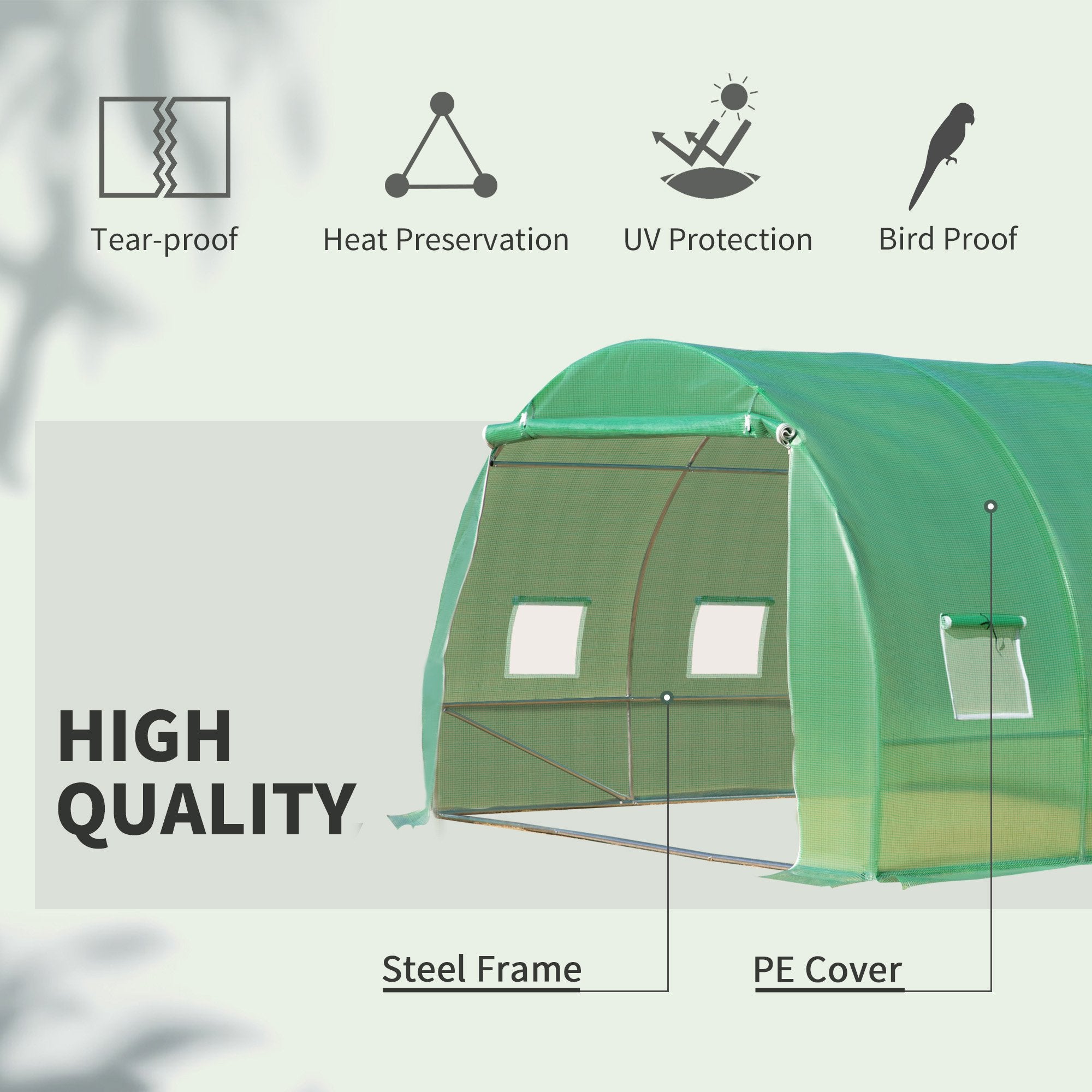 10' x 10' x 7' Walk-in Tunnel Greenhouse with High-Quality Transparent PE Cover, Zipper Doors & Windows - Green - Image 4