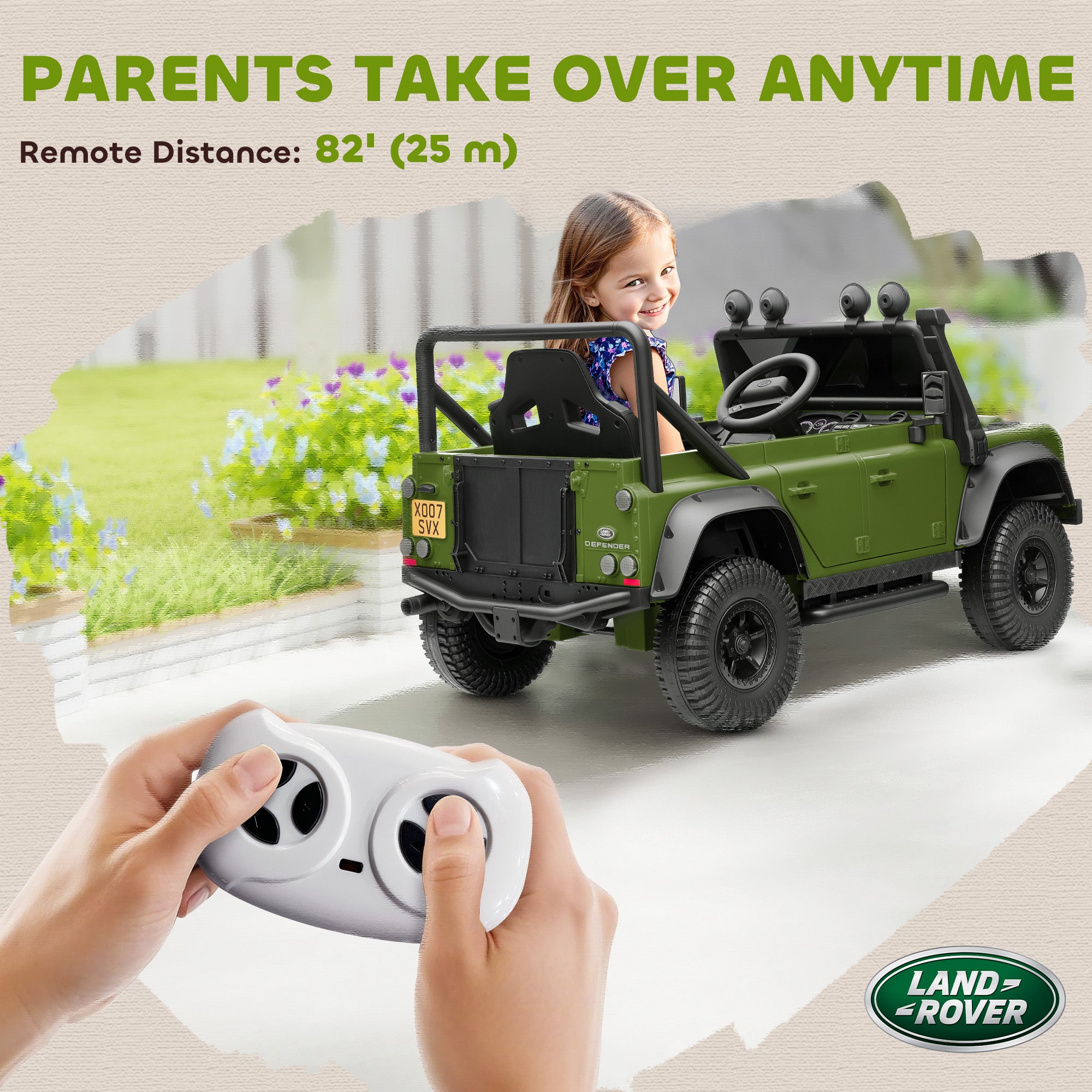 Land Rover Licensed Electric Car for Kids with Remote Control, Dual Motors, Spring Suspension, LED Lights, Dark Green
