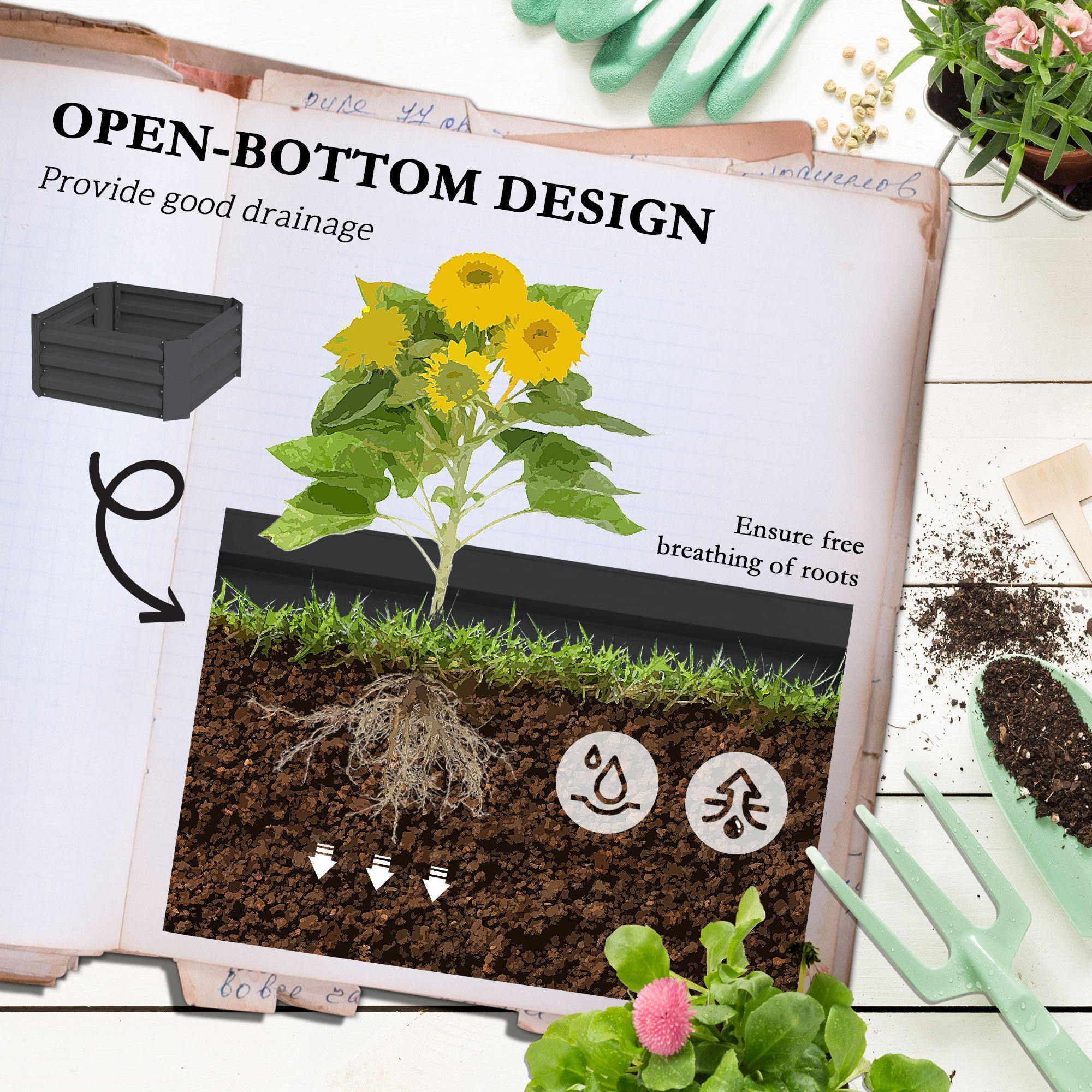 Galvanized Planter Box, 24" x 24" x 55" Raised Garden Bed with Tomato Cage for Climbing Vines, Dark Gray - Dark Gray - Image 5