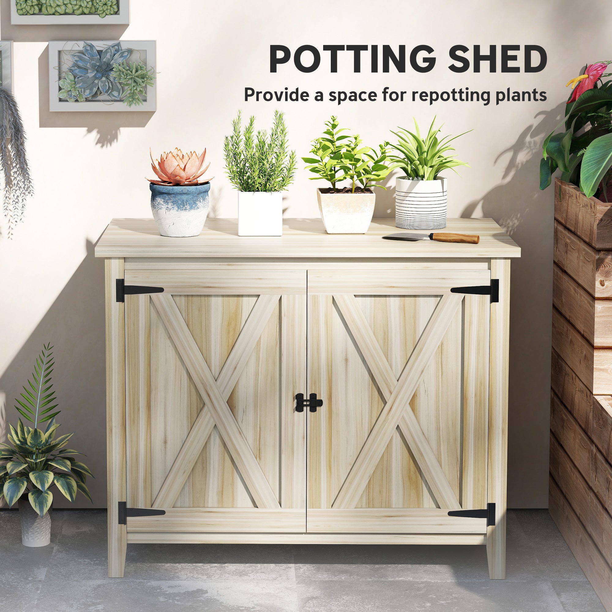 Wooden Outdoor Storage Cabinet, Garden Shed Potting Shed with Shelf and Double Doors, Natural Wood - Natural Wood - Image 5