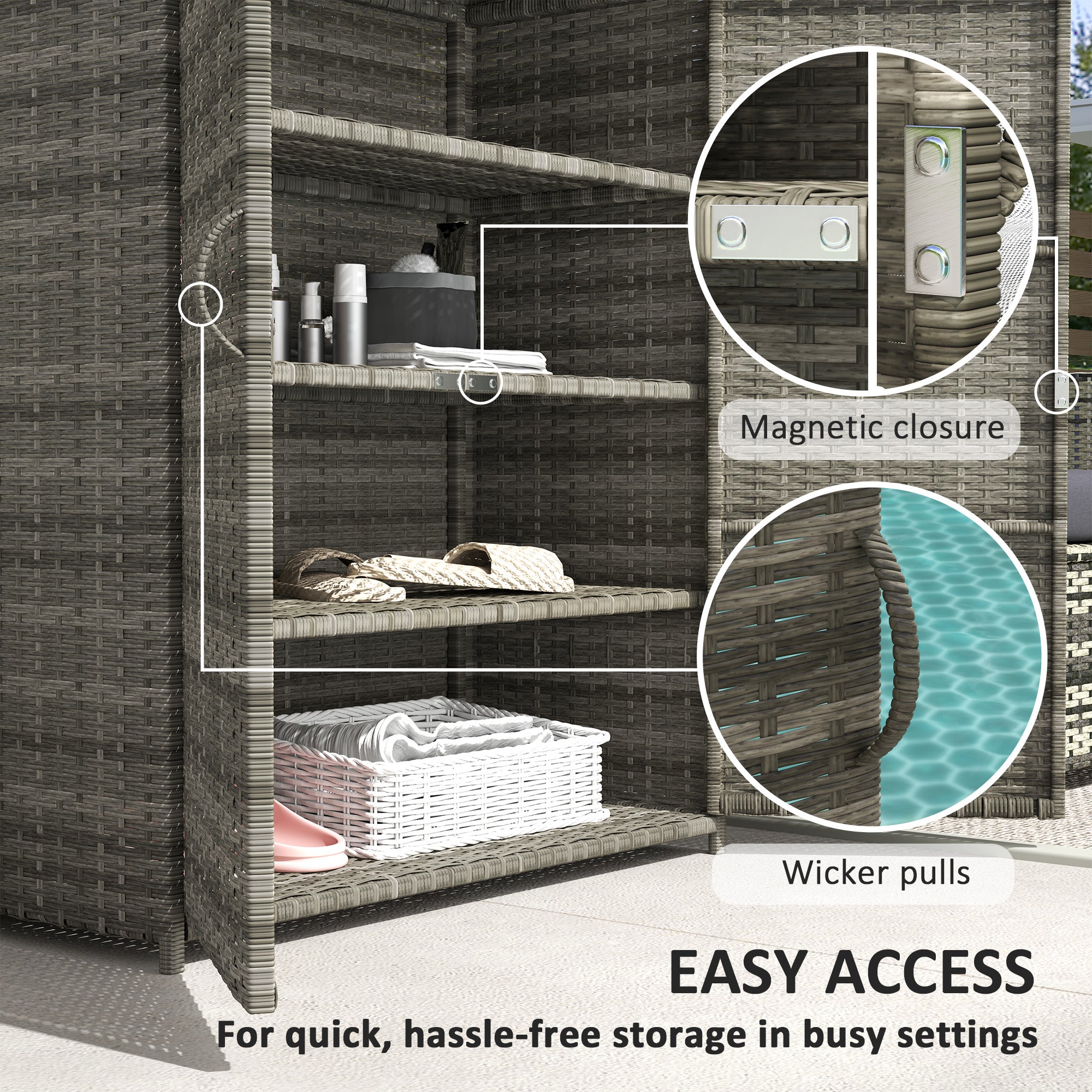 Rattan Wicker Outdoor Storage Cabinet with 4 Shelves and 2 Doors for Garden Pool Towel Storage, Mixed Gray - Mixed Gray - Image 6