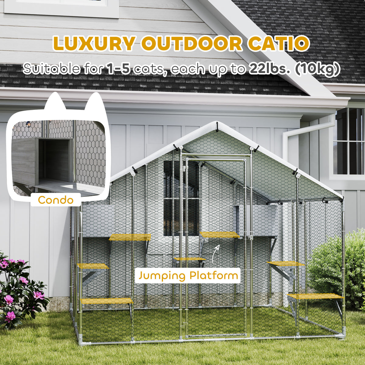 95" Extra Large Metal Outdoor Catio with Waterproof Cover, 2 Resting Boxes, 7 Jumping Platforms, for Multiple Cats