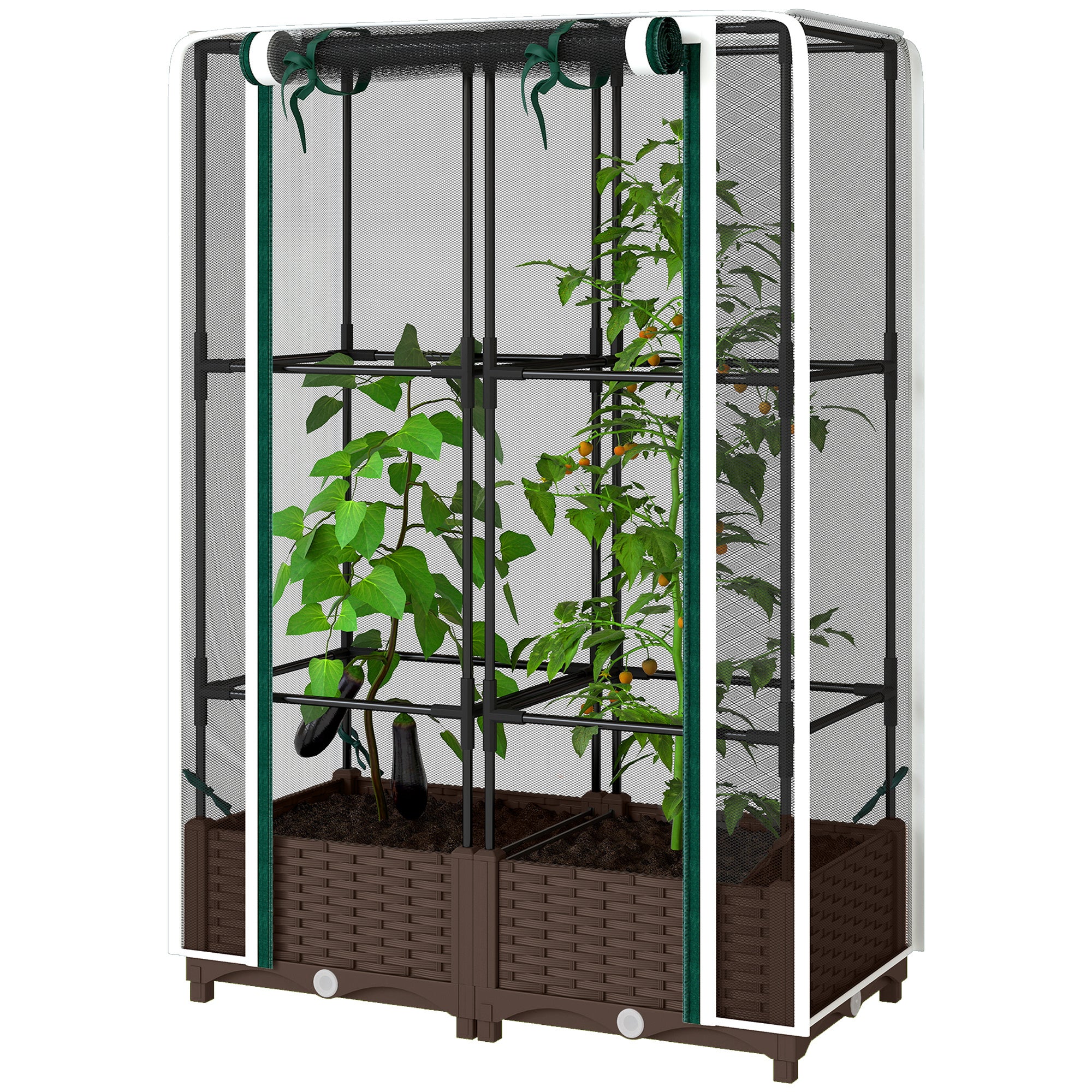 Raised Garden Bed with Trellis, 46.5" Tomato Cage with Crop Cage, Self Watering Planter Box with Drainage Holes, White - White