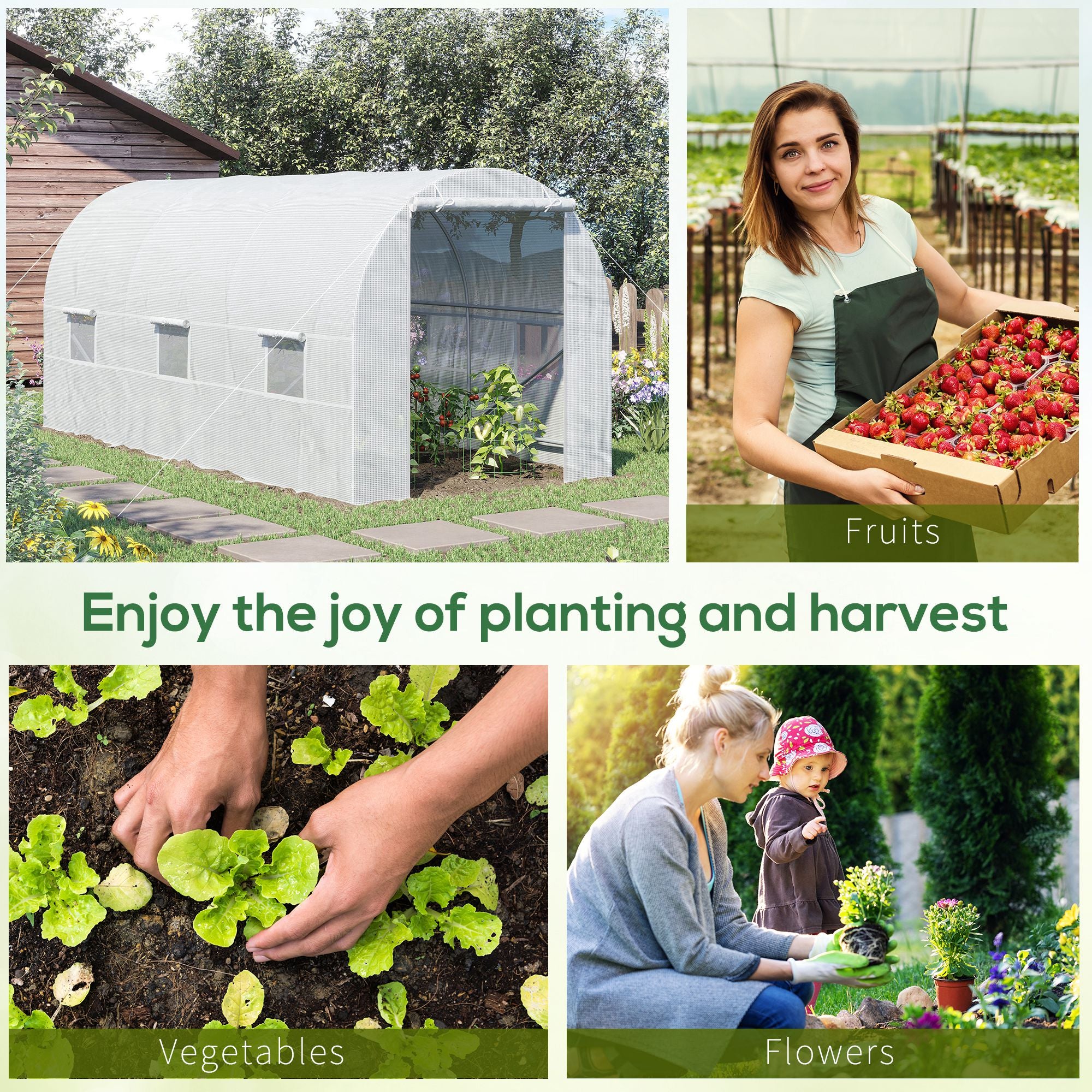 15' x 7' x 7' Walk-In Tunnel Greenhouse, Large Garden Hot House Kit with 6 Roll-up Windows & Roll Up Door, Steel Frame, White - White - Image 6
