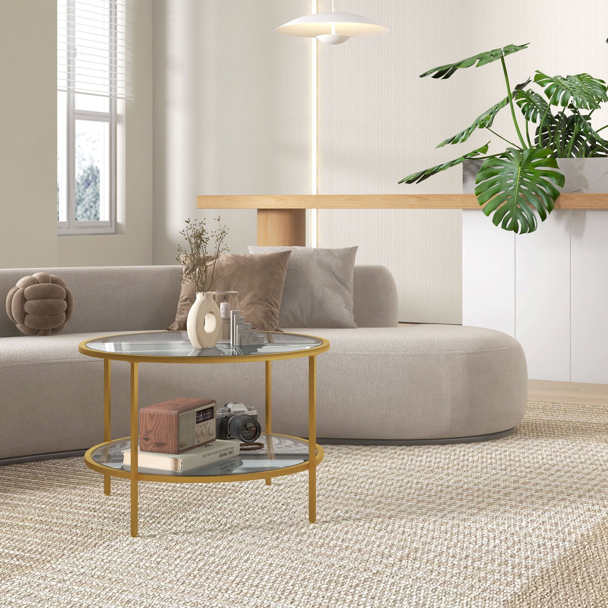 Side Table with Storage, 26" Round End Table, 2-Tier Tempered Glass Coffee Table with Steel Frame for Living Room, Gold