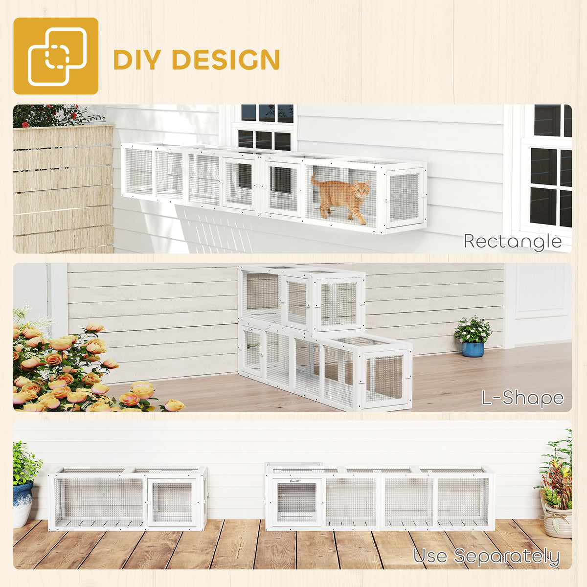 Wooden 98" Cat Tunnel for Outdoor with Combinable Design, 8 Doors, White