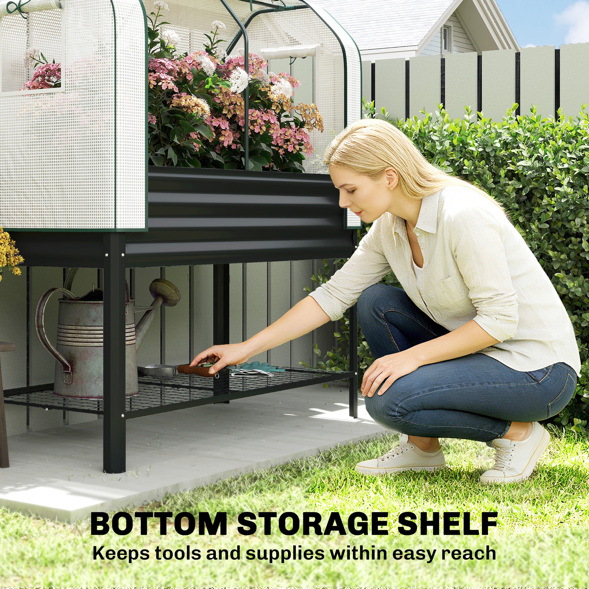 Galvanised Raised Garden Bed with Greenhouse Cover, Metal Elevated Garden Bed with Bed Liner, Bottom Shelf, Black - Black - Image 7