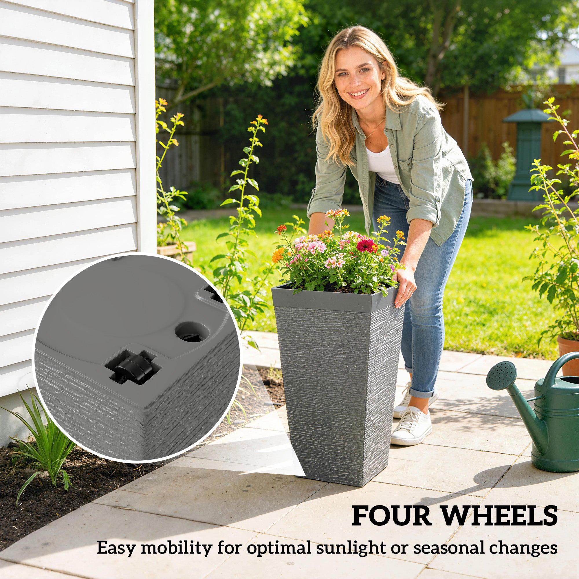 22.8 Inch Set of 3 Outdoor Planters with Stone Finish and Wheels, Stackable Tapered Planters with Drainage Hole, Gray - Gray - Image 7