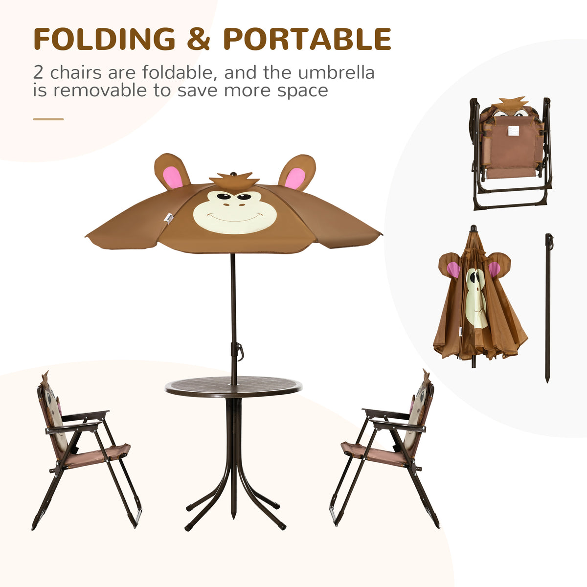Kids Table and Chair Set, Outdoor Folding Garden Furniture, Picnic Table for Patio Backyard, with Removable & Height Adjustable Sun Umbrella, Brown