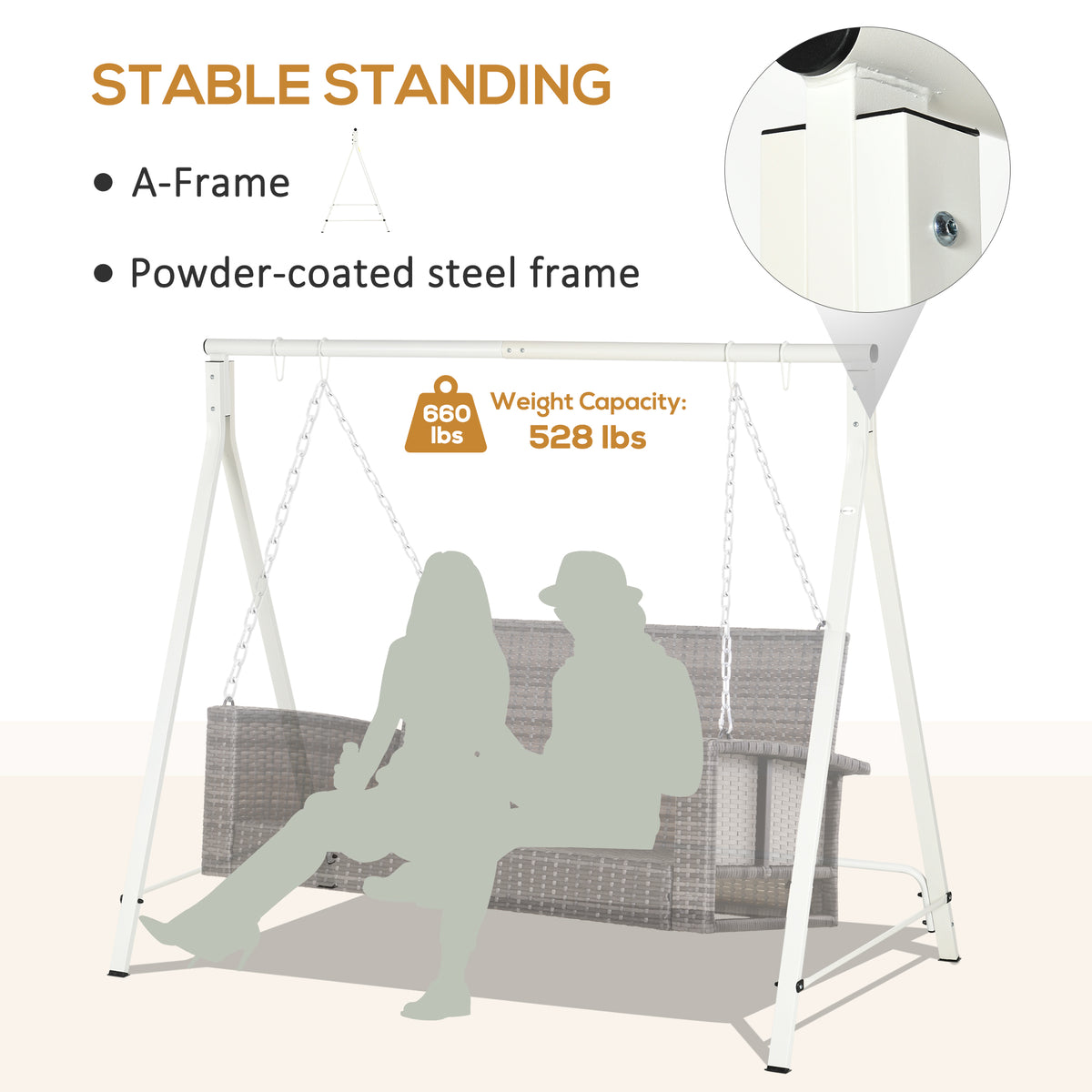 Metal Porch Swing Stand, Heavy Duty Swing Frame, Hanging Chair Stand Only, 528 LBS Weight Capacity, for Backyard, Patio, Lawn, Playground, White