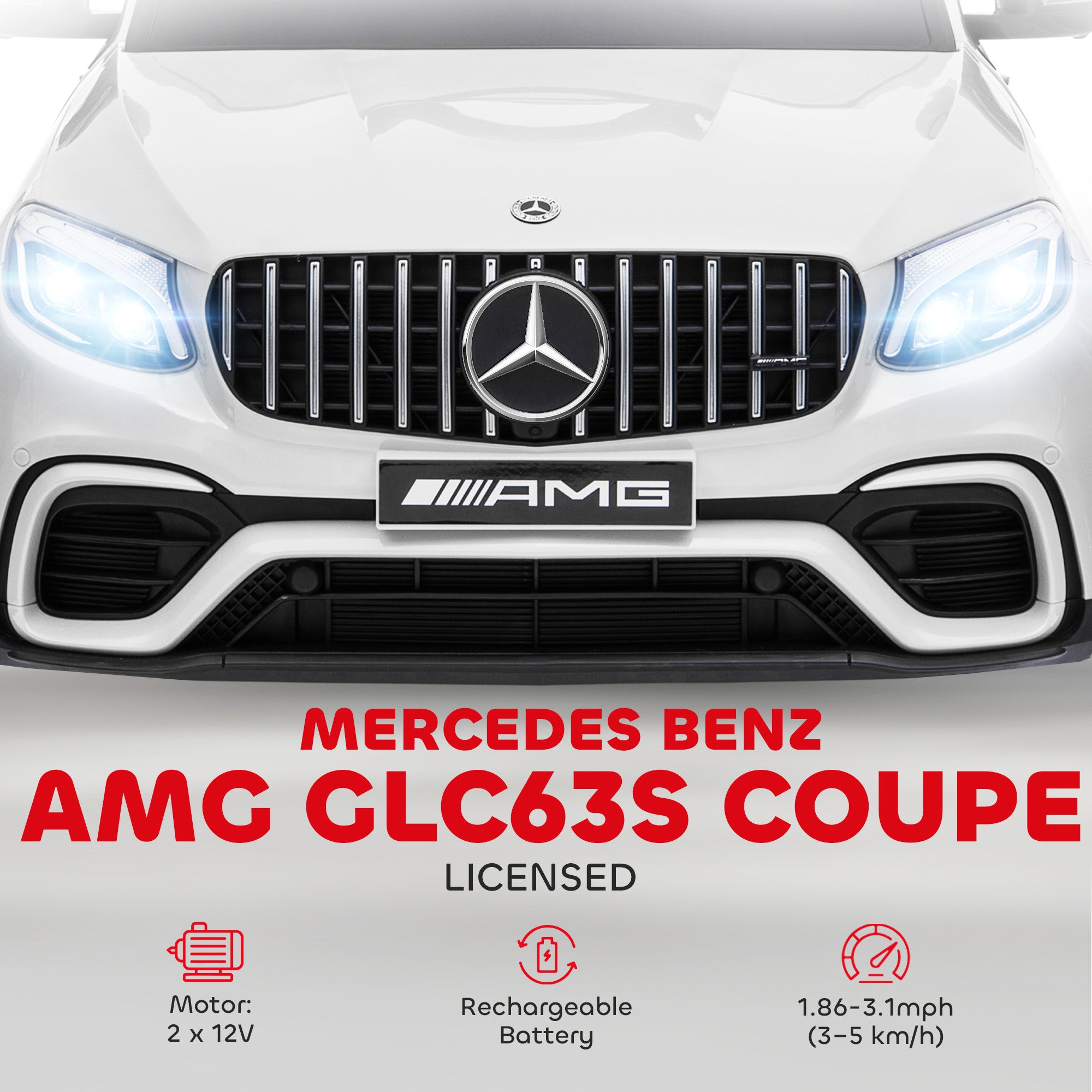 12V Toddler Ride On Car with Remote Control, Mercedes Benz AMG GLC63S Coupe, Electric Car with 2 Speed, MP3 Player, Light, Horn, Songs, Suspension, White