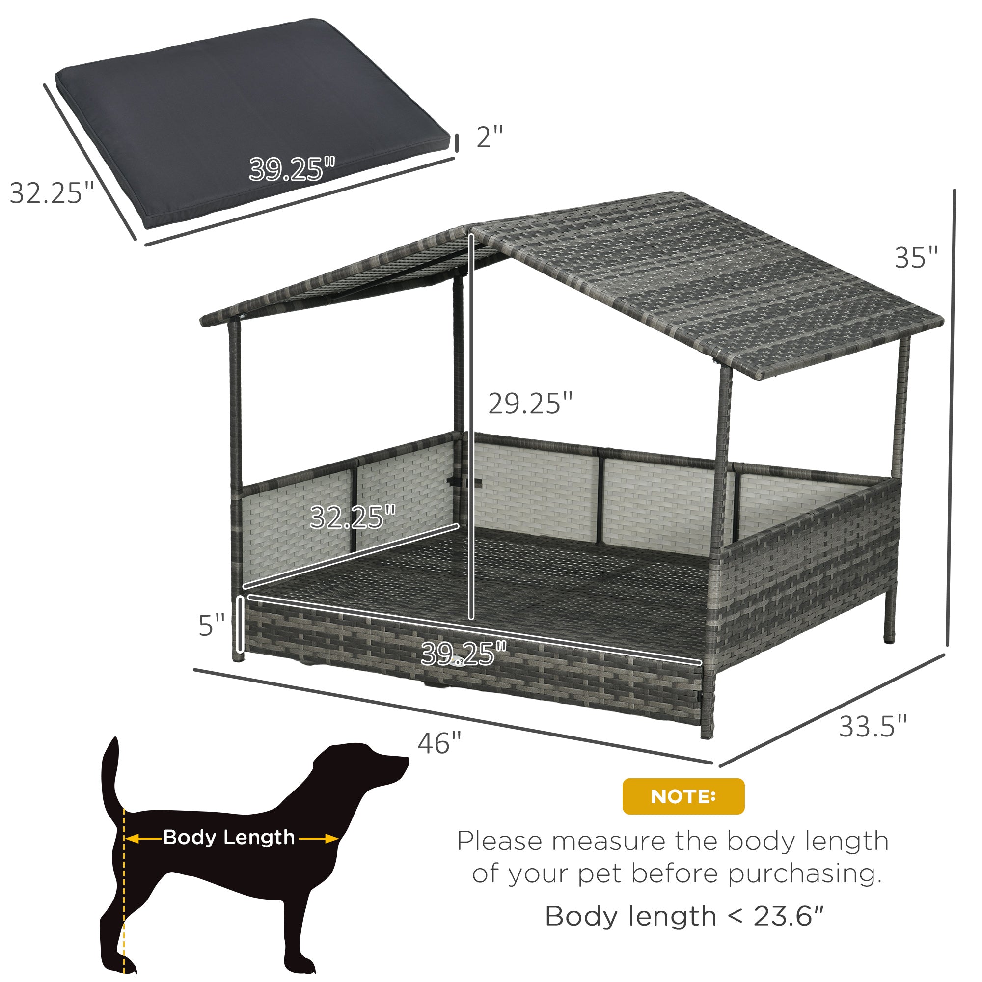 Outdoor Dog Bed with Canopy, Rattan Dog Bed with Soft Cushion Removable Cover for Medium and Large Dogs, Dark Gray - Dark Gray - Image 3
