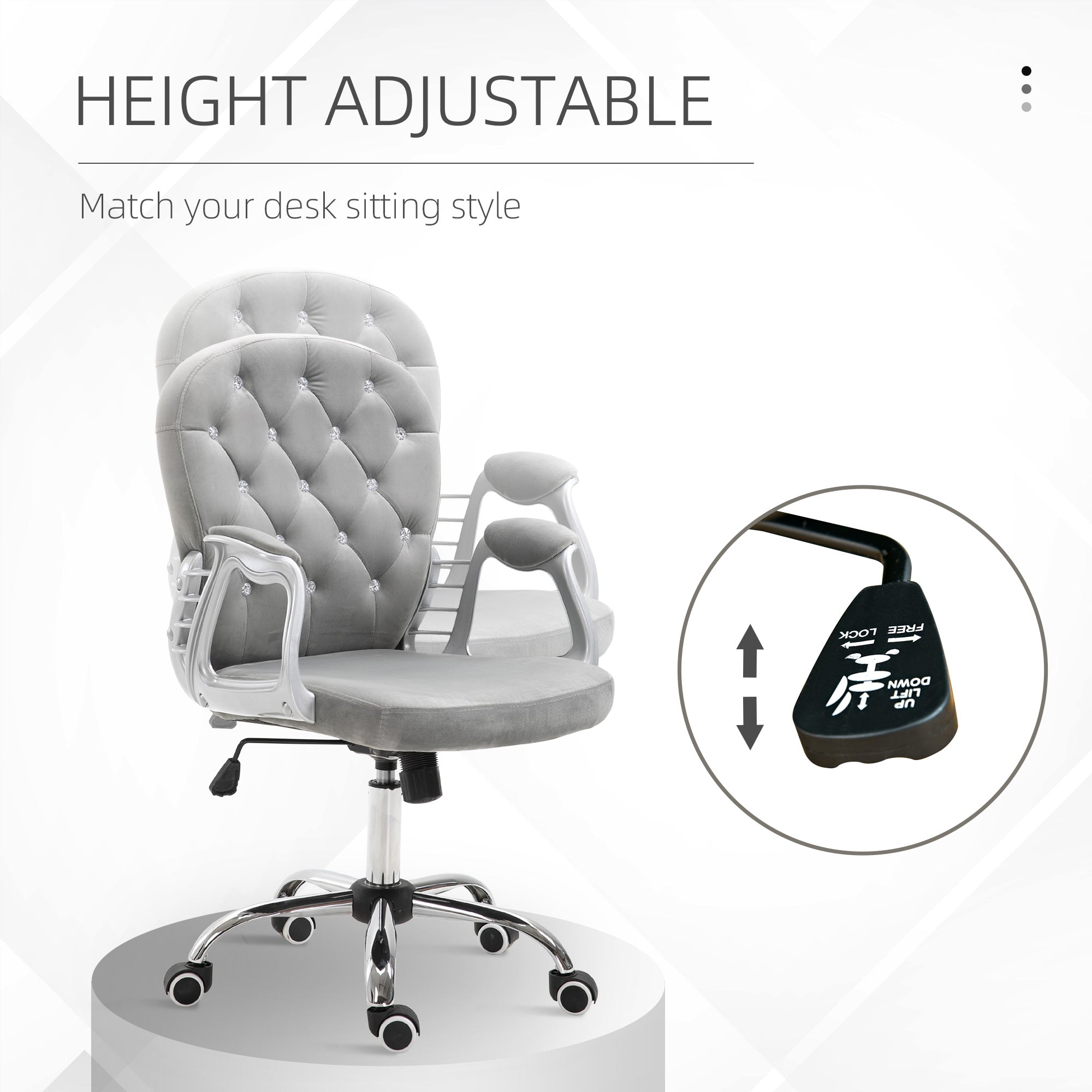 Velvet Home Office Chair, Button Tufted Desk Chair with Padded Armrests, Adjustable Height and Swivel Wheels, Gray