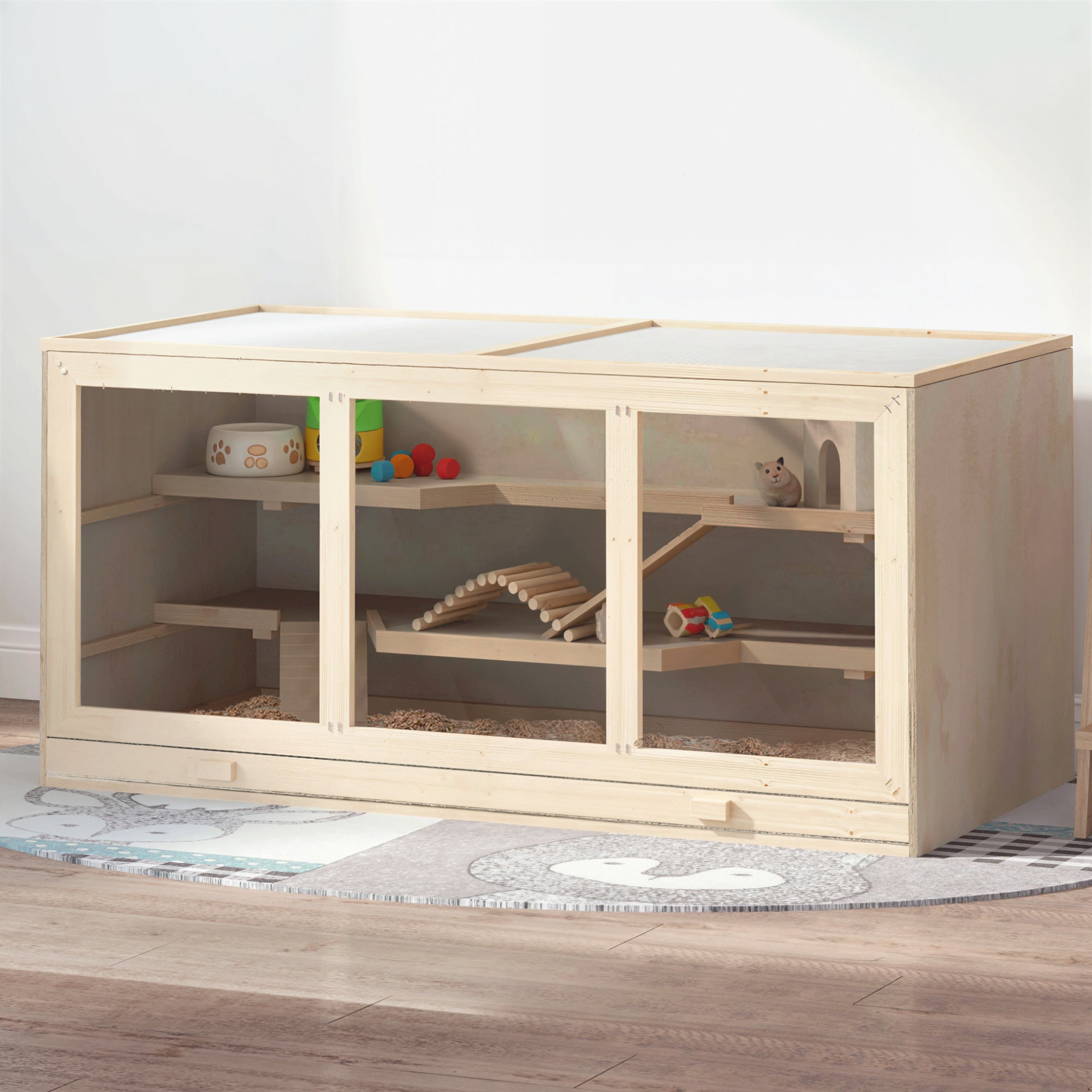 45" Extra Large Wooden Hamster Cage, 3-Layer Rat Cage with Opening Roof, PVC Window, Small Animal Habitat for Gerbil, Dwarf & Syrian Hamsters, Natural - natural - Image 2