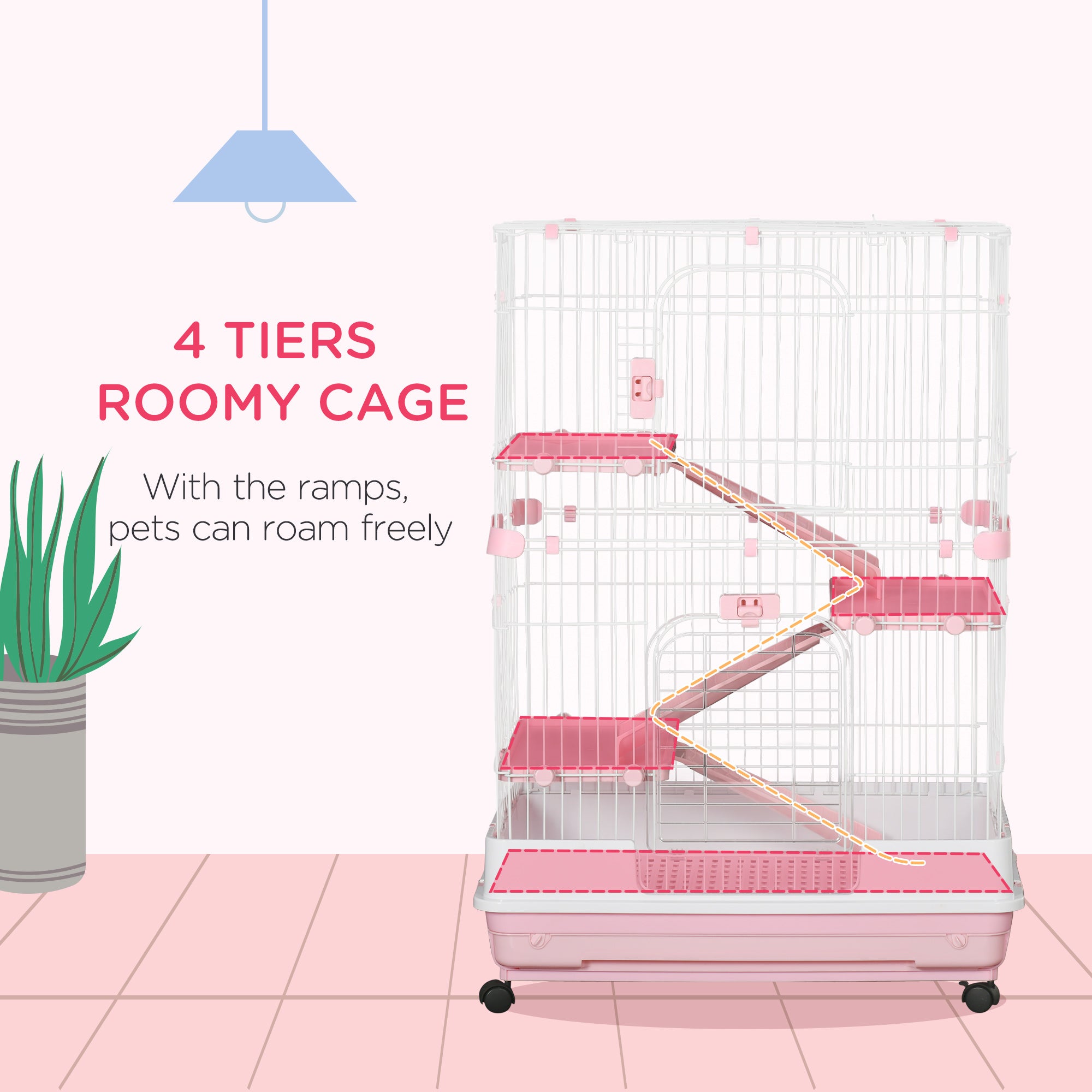 32"L 4-Level Small Animal Cage Rabbit Hutch with Wheels, Slide-out Tray for Bunny, Chinchillas, Ferret, Pink - Pink - Image 4