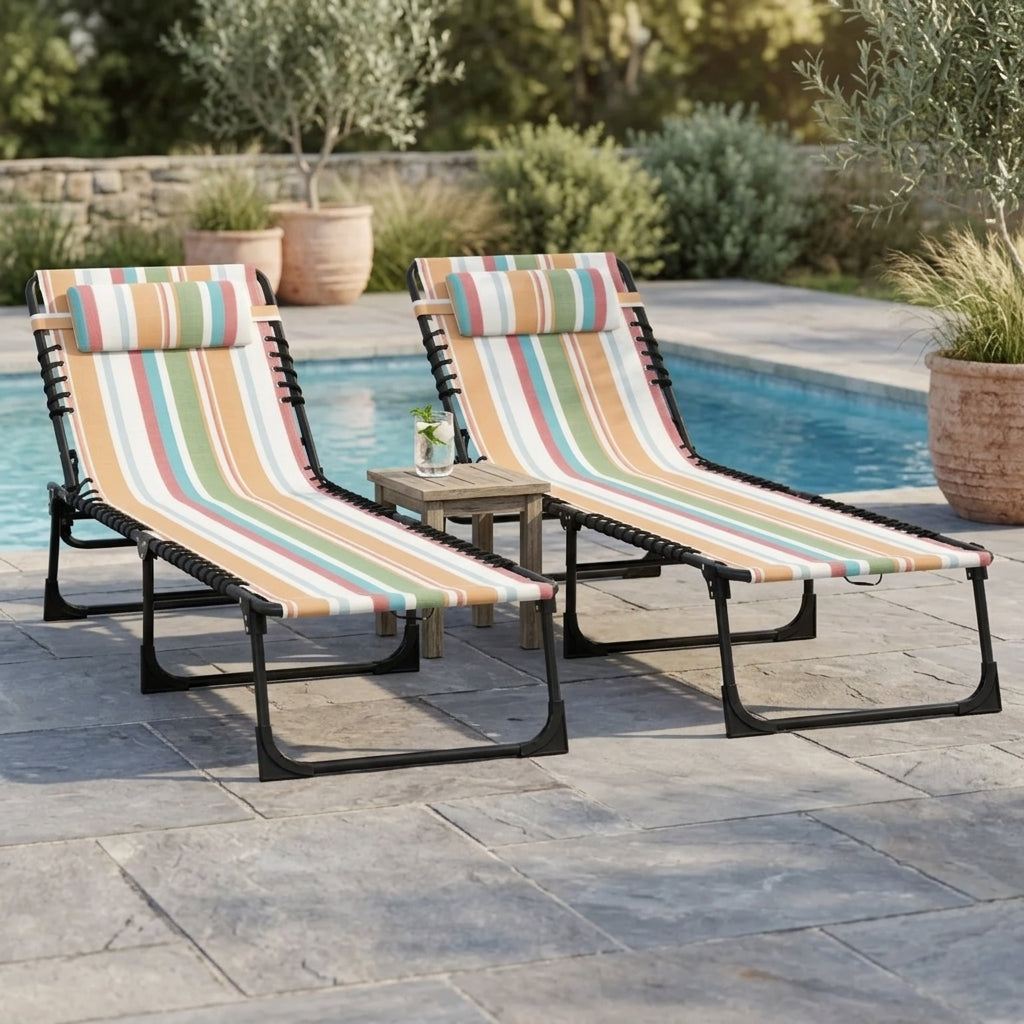 2 Folding Chaise Lounge Pool Chairs with 4-Position Reclining Back, Pillow, Breathable Mesh & Bungee Seat, Striped