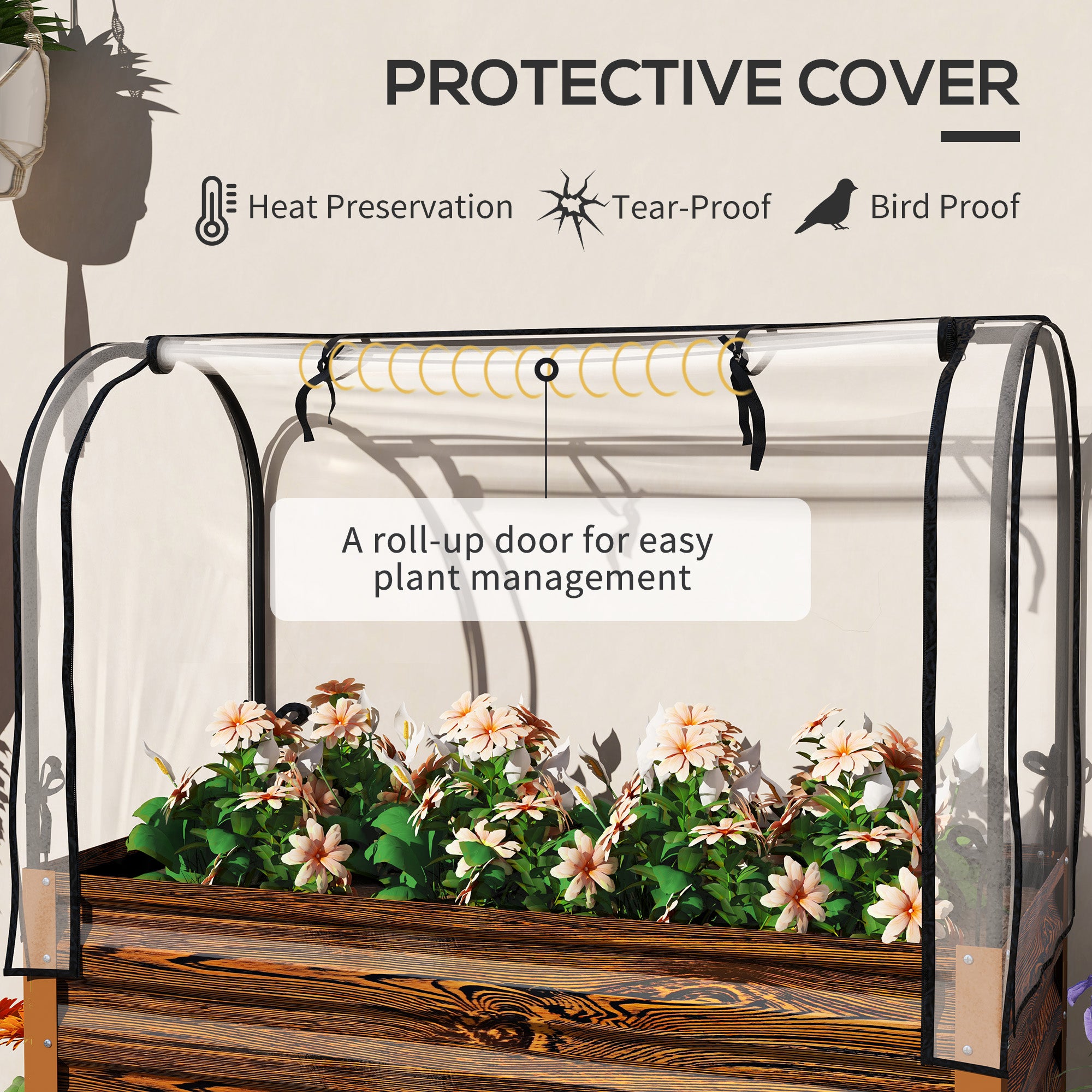 Raised Garden Bed with Legs and Cover, Metal Elevated Planter Box with Bottom Shelf and Liner for Vegetables, Brown - Brown - Image 4