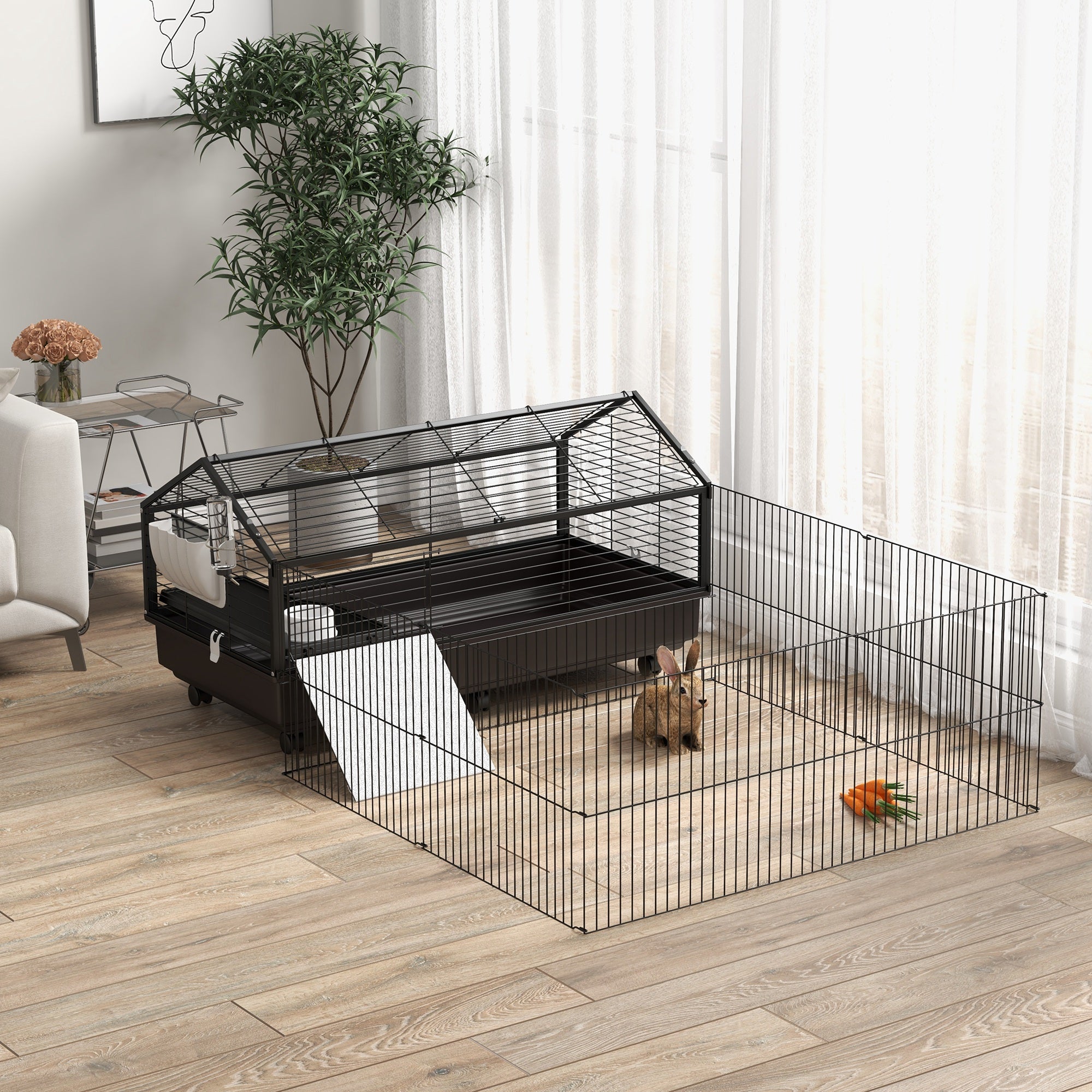 Small Animal Playpen Cage with Rolling Caster, Water Bottle 46.5" - Black and Beige - Image 2