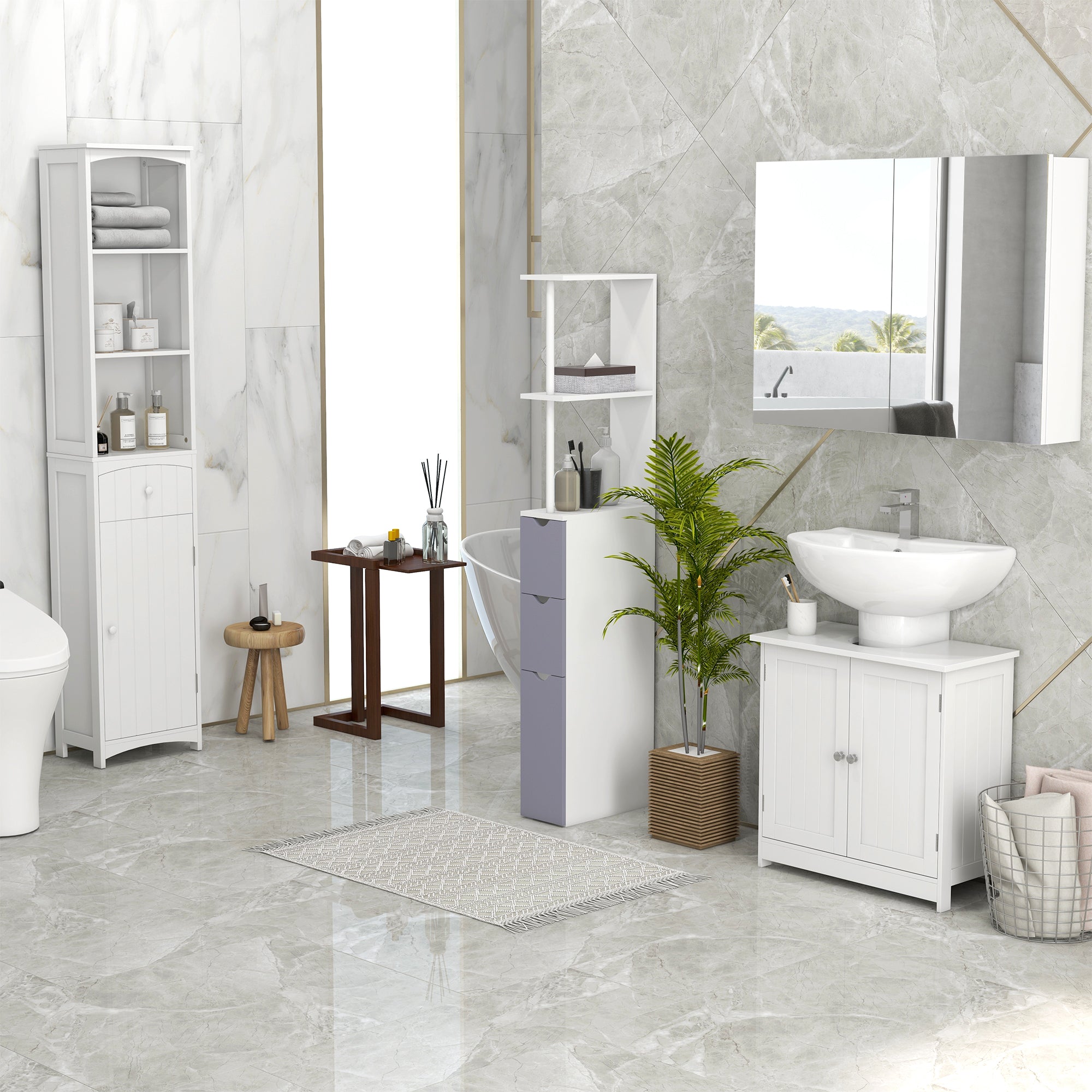 24" Under Sink Storage Cabinet with 2 Doors and Shelves, Pedestal Sink Bathroom Vanity Furniture, White