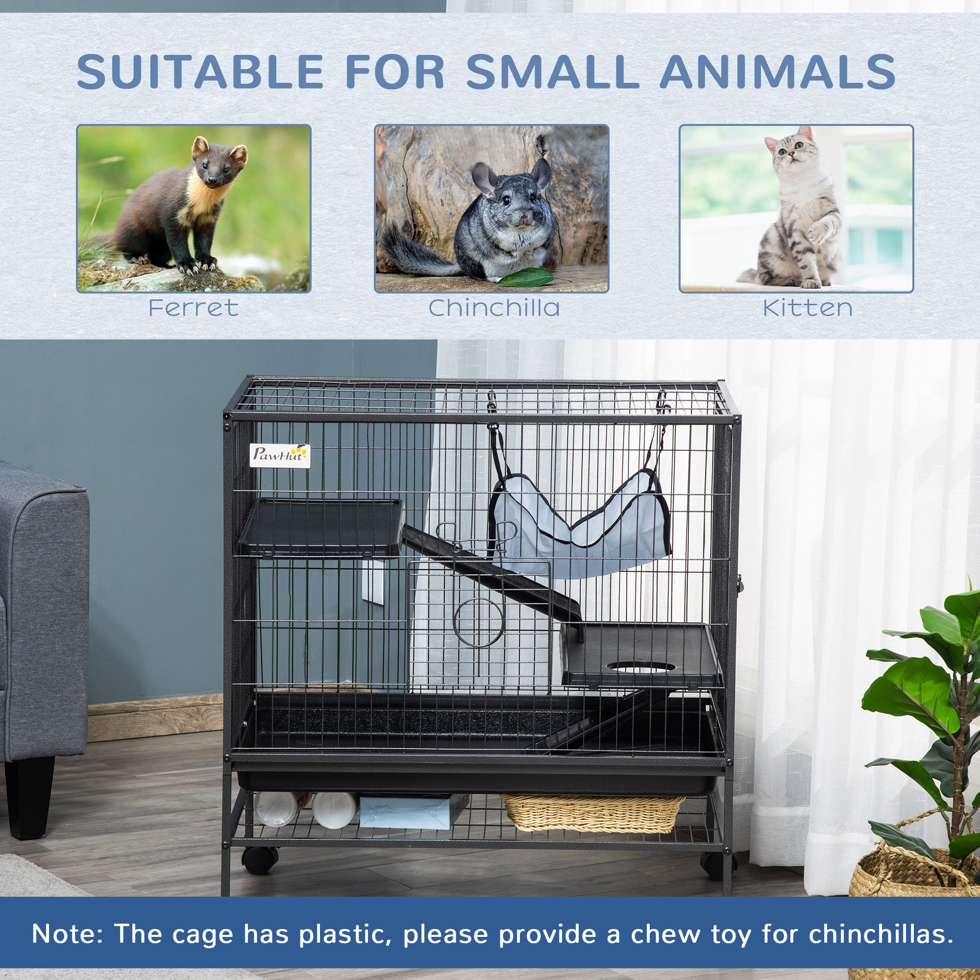 Small Animal Cage with Wheels, Pet Playpen for Rat, Syrian Hamster, Kitten, Ferrets, Chinchillas with Bottom Storage Shelf, Removable Tray, Ramp, 31.5" x 20.5" x 33.1" - Black - Image 4