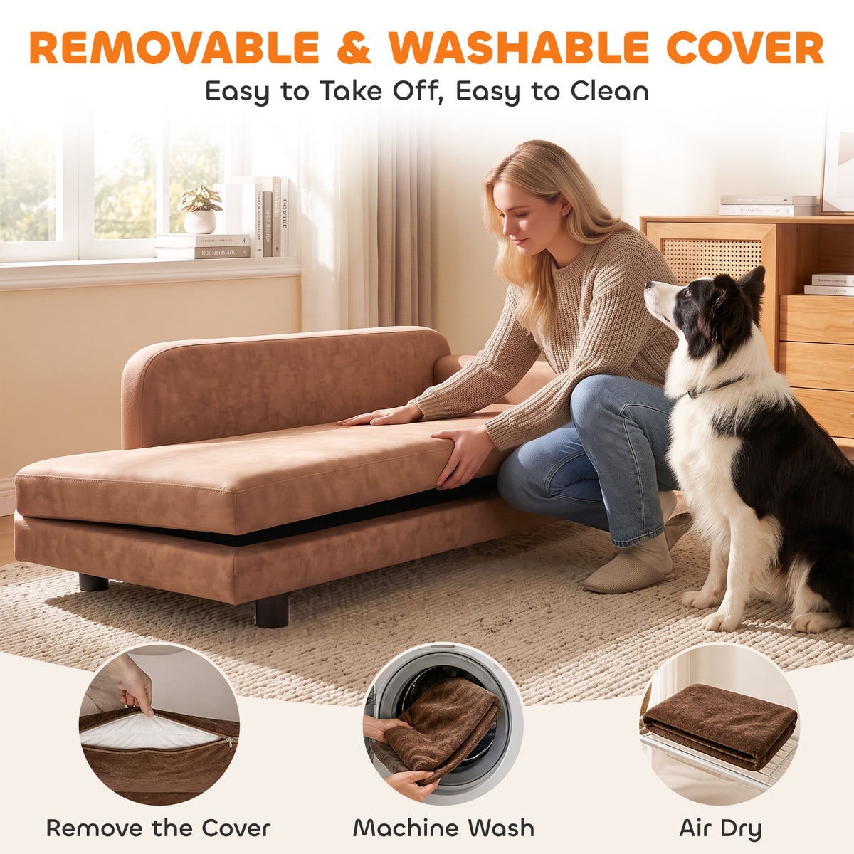 Dog Bed for Large Breeds, Soft Velvet Dog Couch with Removable Cushion, Backrest, Armrest and Low Feet, Brown