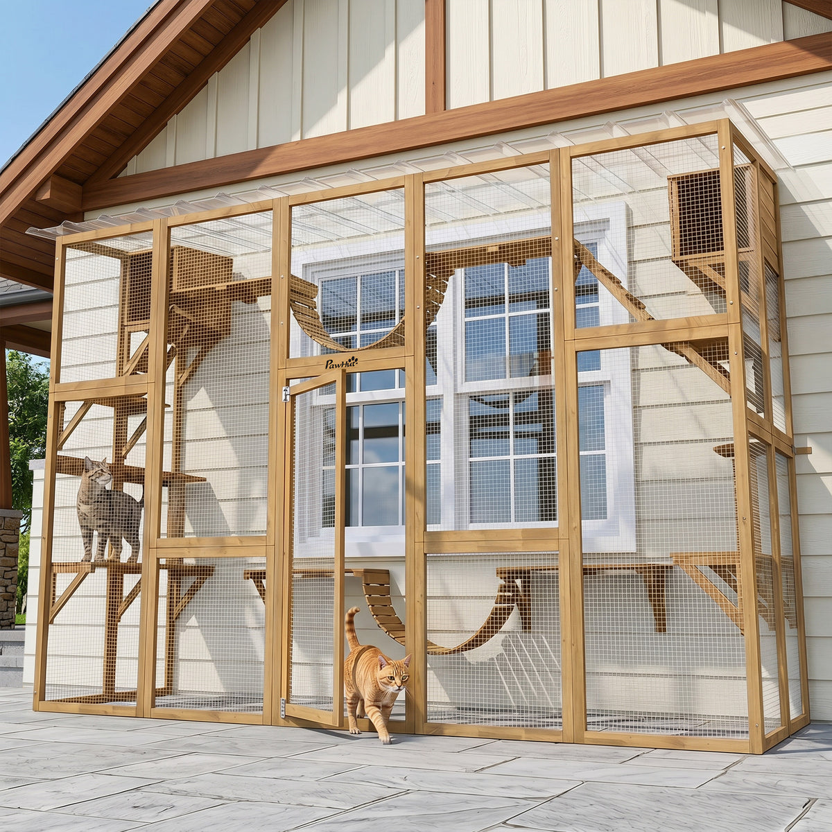 Catio Playground Cat Window Box Outside Enclosure for Multiple Cats w/ Shelves & Bridges, Yellow