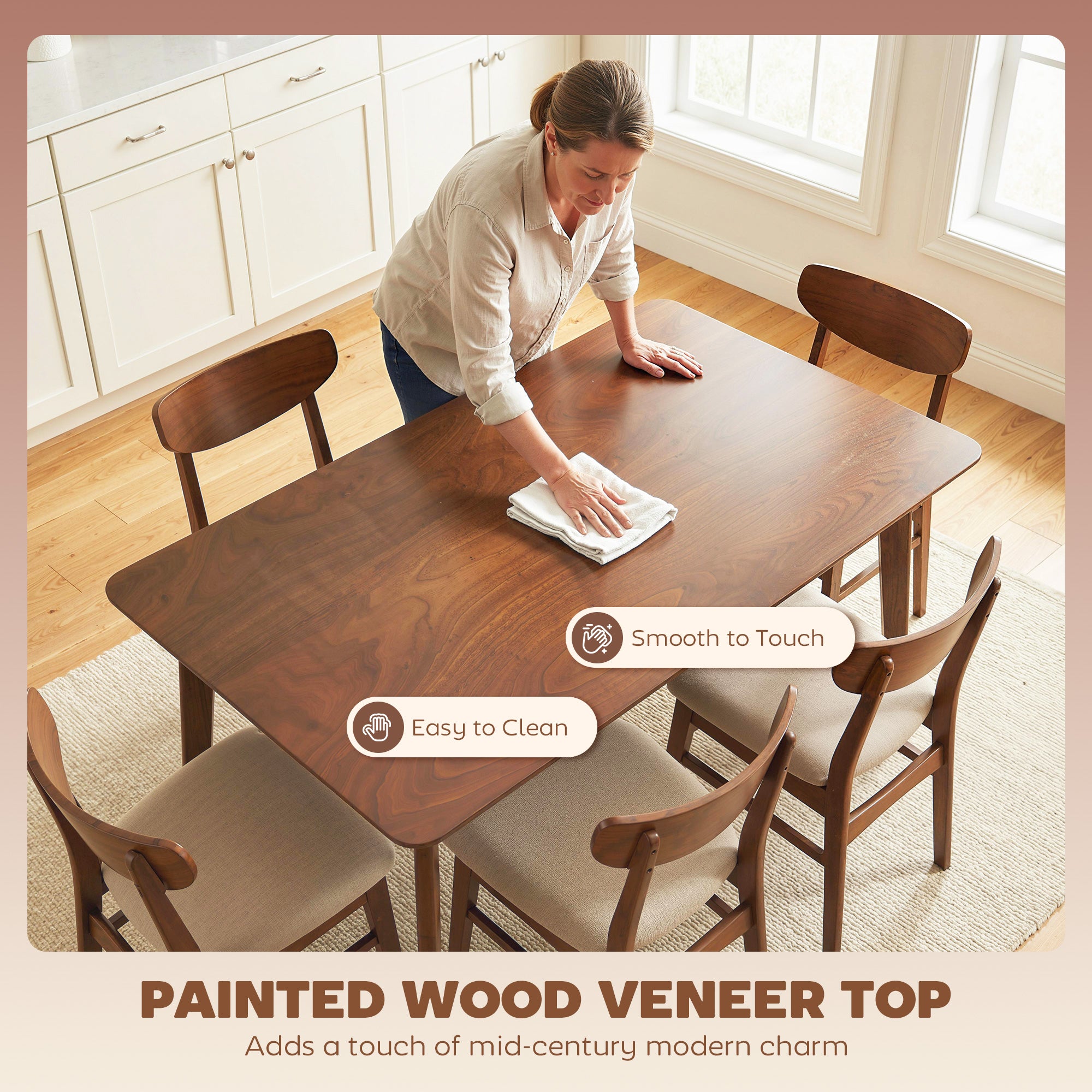 47.2" Rectangle Dining Table for 4, Mid-Century Modern Kitchen Table with Rubber Wood Legs for Dining Room, Walnut