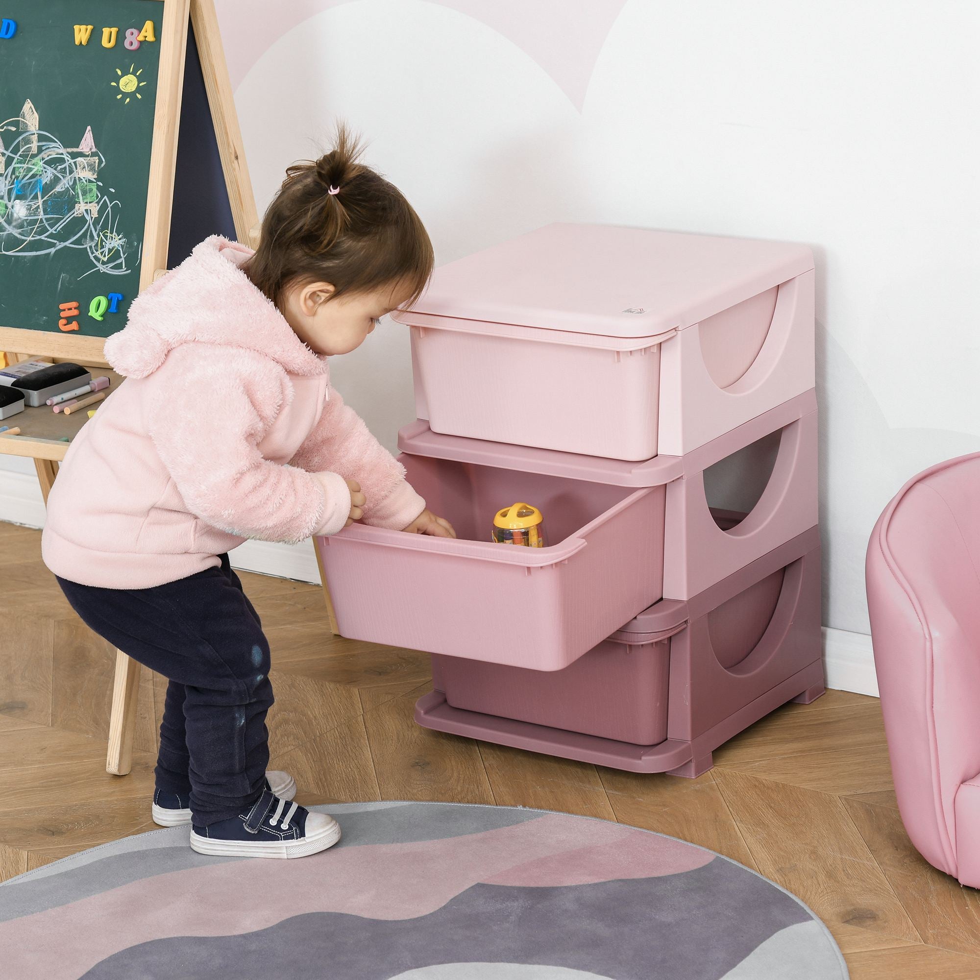 3 Tier Kids Storage Unit, 3 Drawer Chest Toy Organizer Plastic Bins for Kids Bedroom Nursery Kindergarten Living Room for Boys Girls Toddlers, Pink