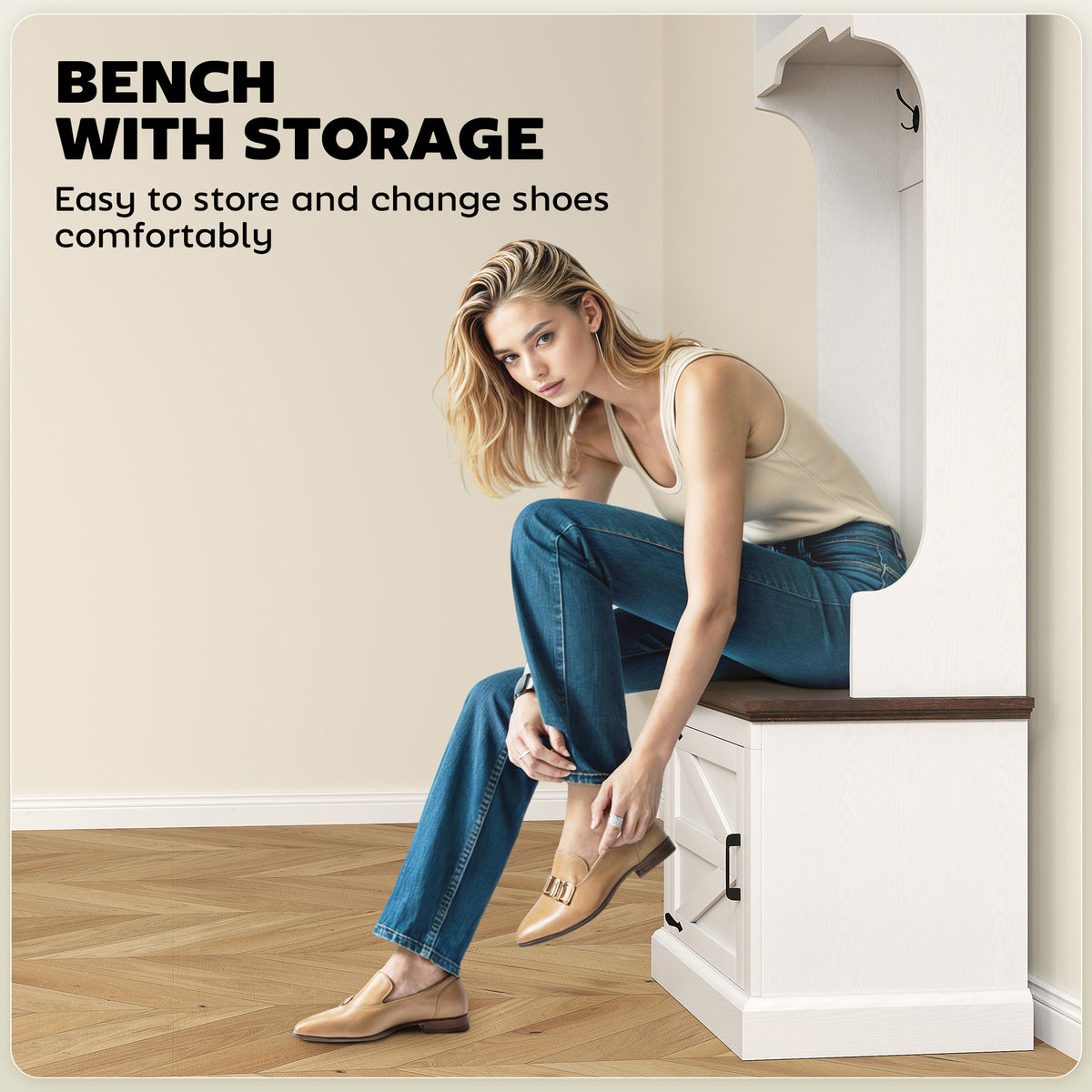 3-in-1 Hall Tree with Shoe Storage, Coat Rack with Bench, Entryway Furniture with Five Hooks, White Wood Grain