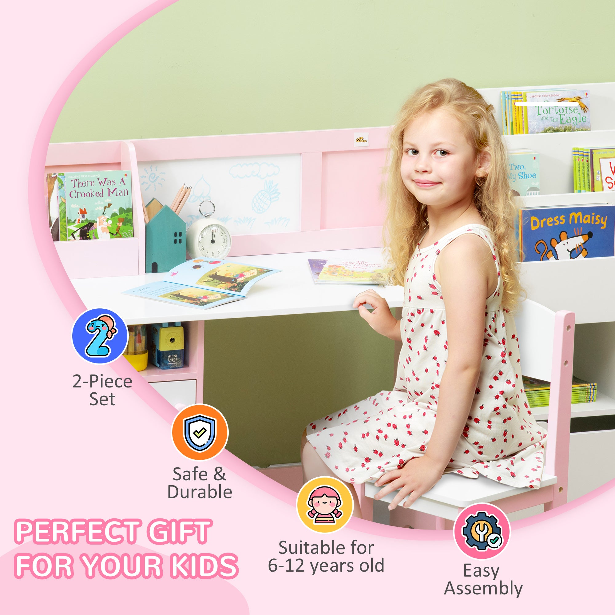 Toddler Table and Chair Set, Kids Writing Desk Homework Table with Whiteboard, Storage Cabinet, Pink