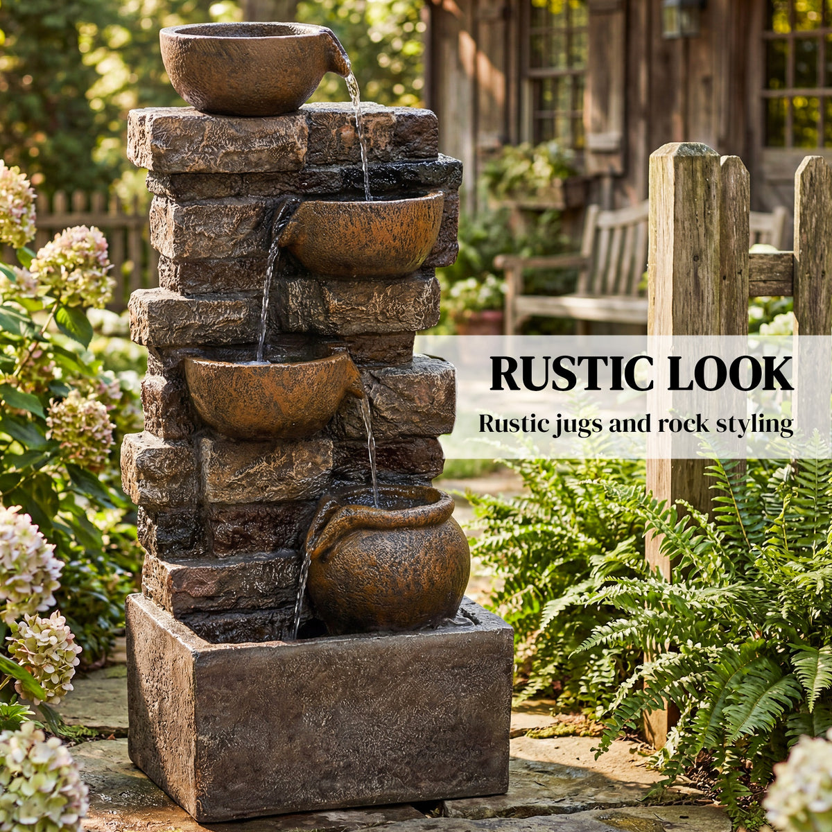 28" Outdoor Fountain with 5-Tier Rustic Jugs, Cascading Waterfall with LED Lights, Adjustable Flow, Rustic Brown