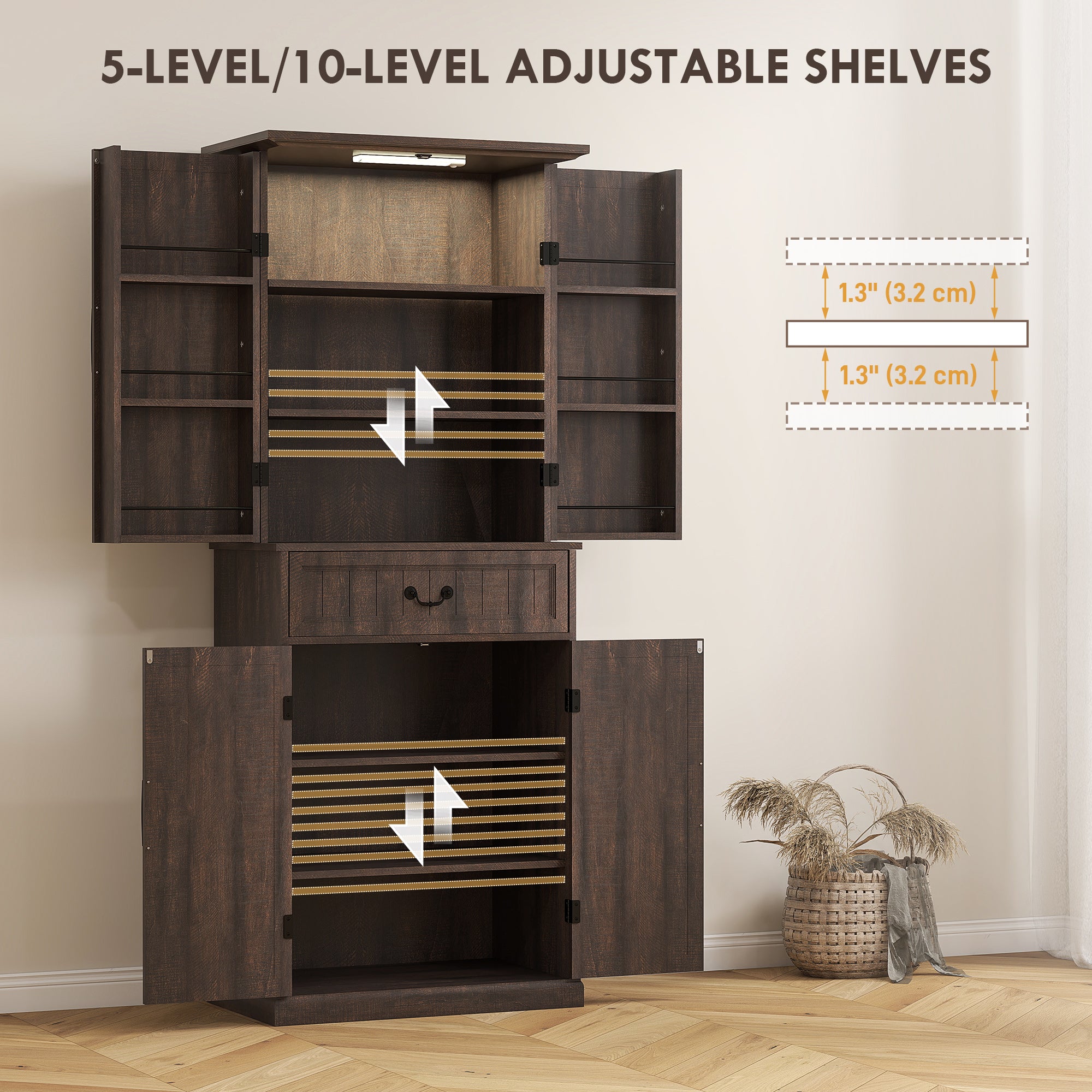 71" LED Kitchen Pantry Cabinet, Farmhouse Storage Cabinet with Door Shelves, Distressed Brown