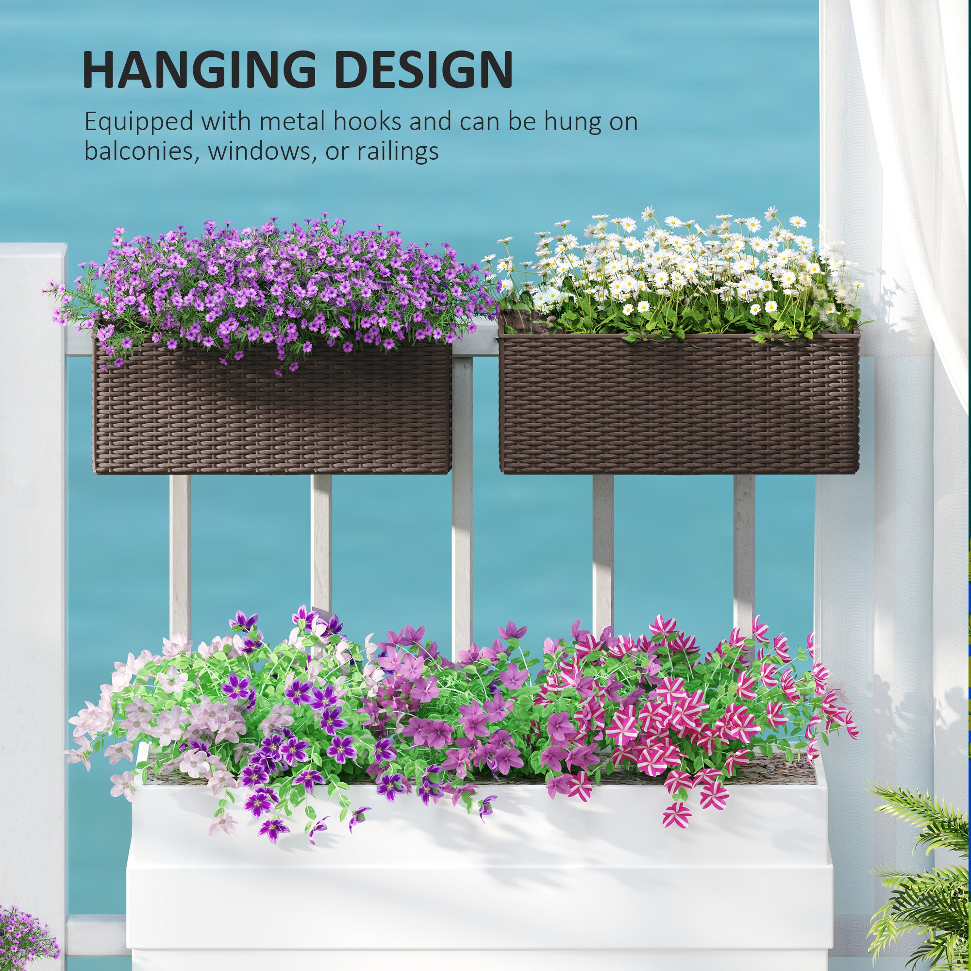 2 Pack 20 Inch Railing Flower Pots, Hanging Flower Pots with Hooks, Drainage Holes for Fence, Rattan Look, Brown - Brown - Image 7
