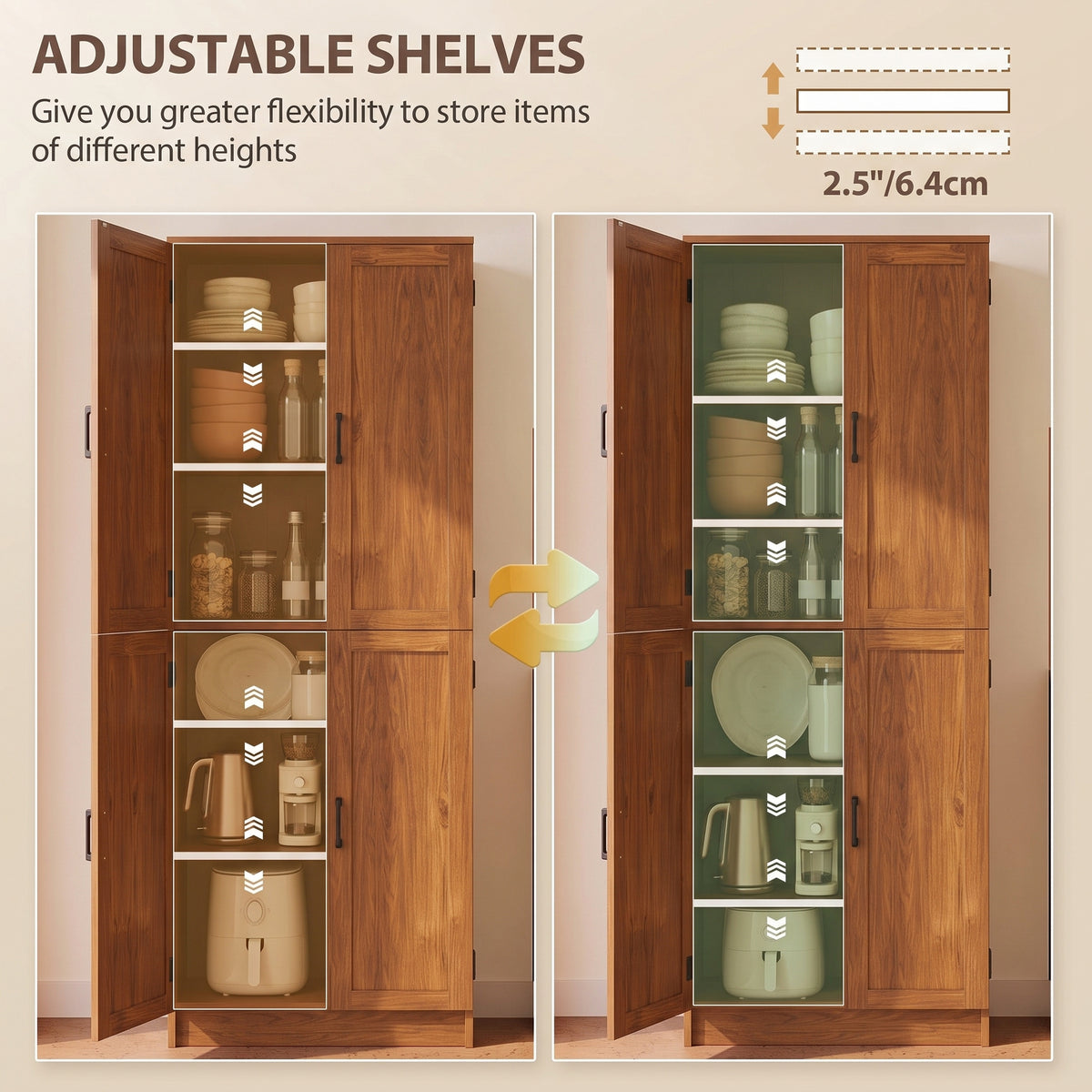 Freestanding Kitchen Pantry, 4-Door Kitchen Pantry Cabinet with Adjustable Shelves and Doors, Teak