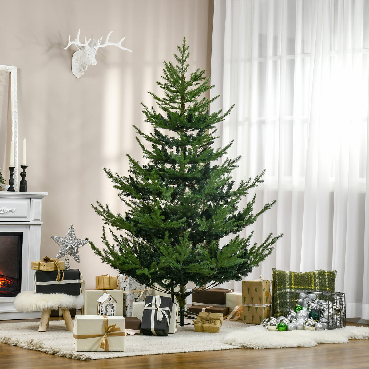 6 Foot Artificial Christmas Tree, Nordic Pine Hinged Xmas Tree with 795 Realistic Branches, Wide Steel Base, Auto Open, Green