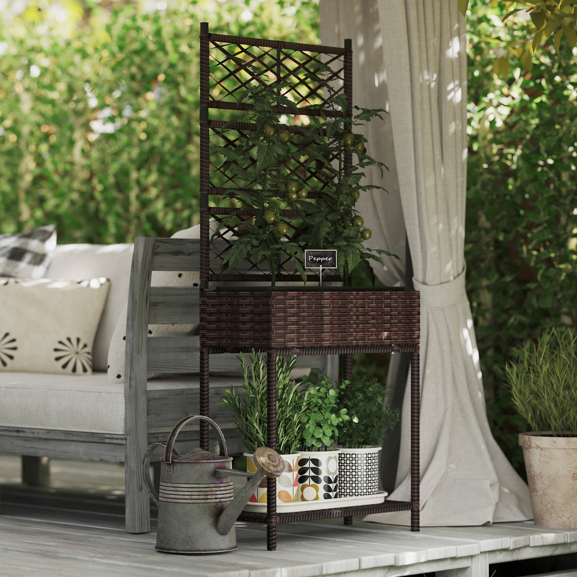 Outdoor Wicker Planter with Trellis for Climbing Plants, Freestanding Rattan Garden Box with Storage Shelf, Brown - Brown - Image 2