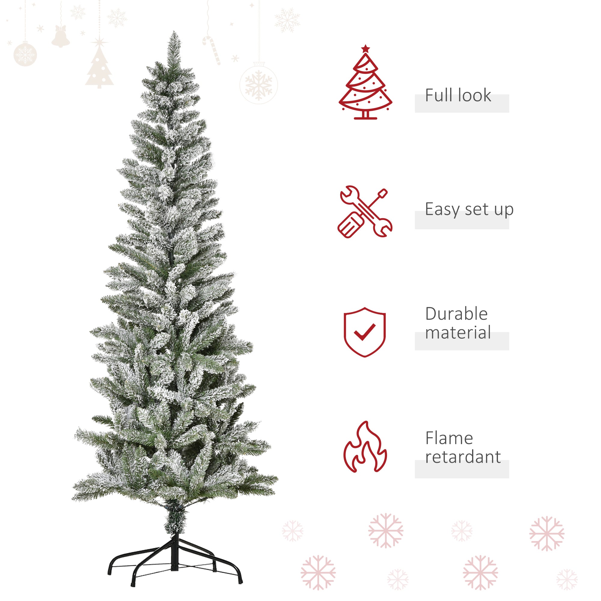6ft Unlit Snow-Flocked Slim Pine Artificial Christmas Tree with Realistic Branches and 394 Tips