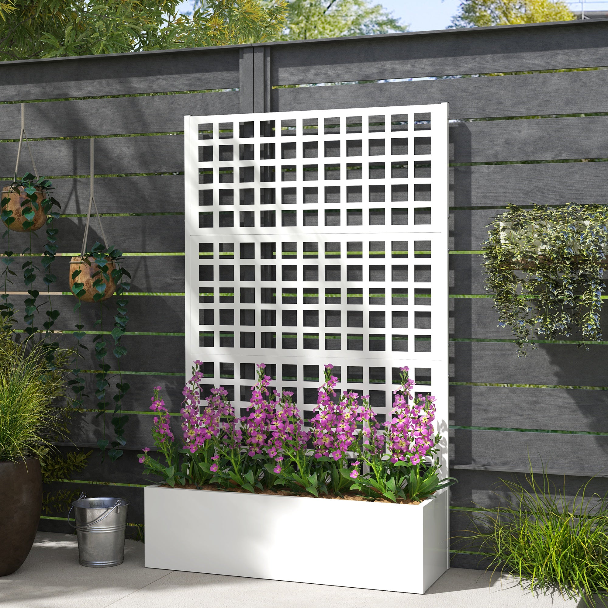Galvanized Raised Garden Bed Planter Box with Trellis for Climbing Plants, Vegetable, Vines, 43" x 16" x 70", White - White - Image 8
